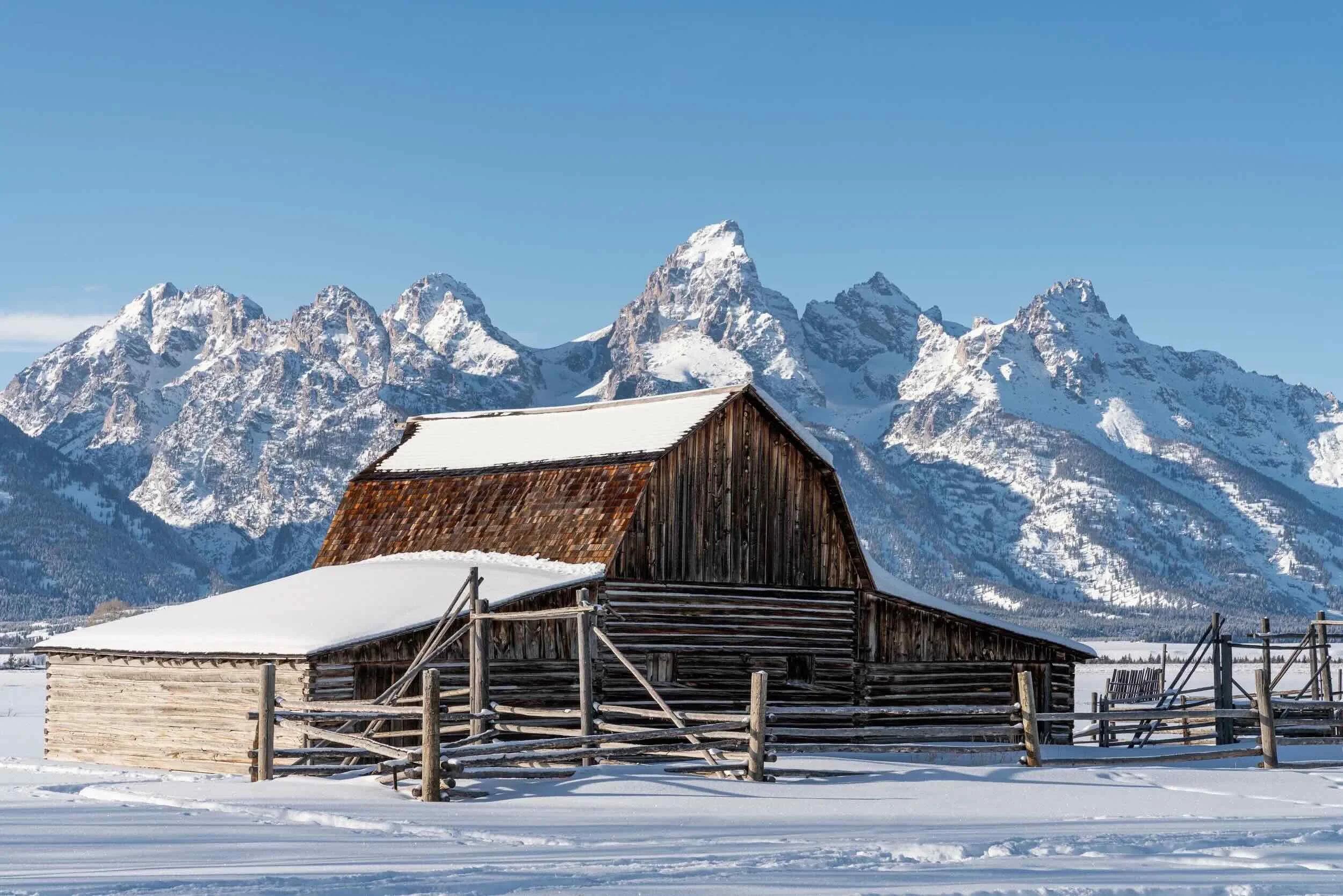 Mormon Row Barn in Snow under the Tetons