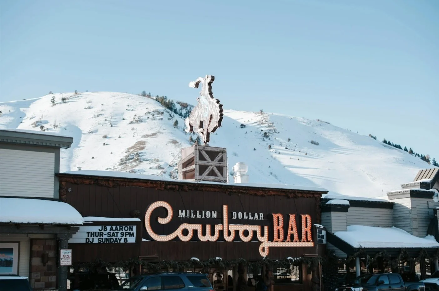 Million Dollar Cowboy Bar on a snowy day.