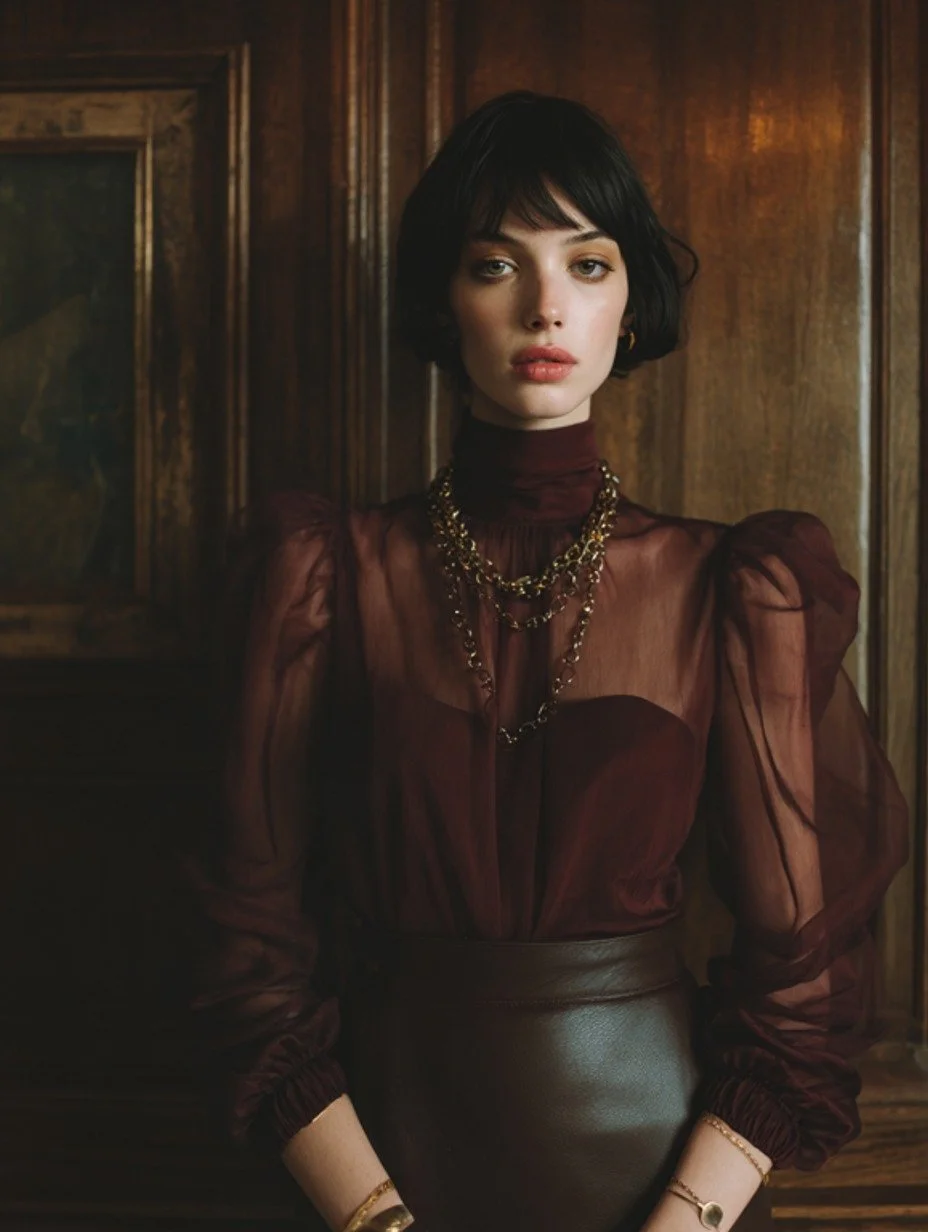 This AI-generated portrait pairs a sheer burgundy blouse and layered chains with wood-panel warmth&mdash;proof that atmosphere can be designed as precisely as silhouette.At Couture Consultancy, this is how we work with AI: pre-visualize tone, composi