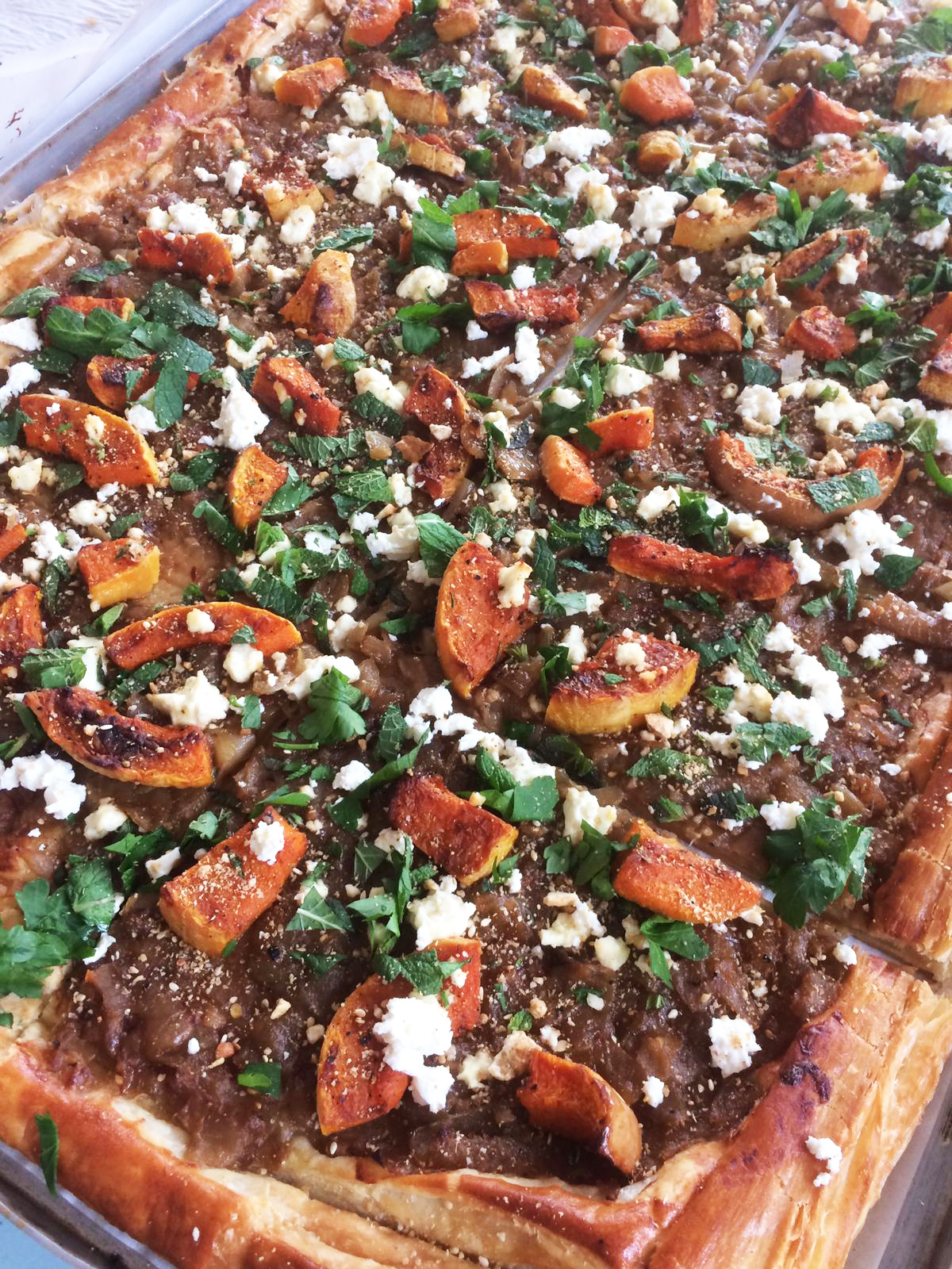 Roast squash, chilli, feta and dukkah mint tart