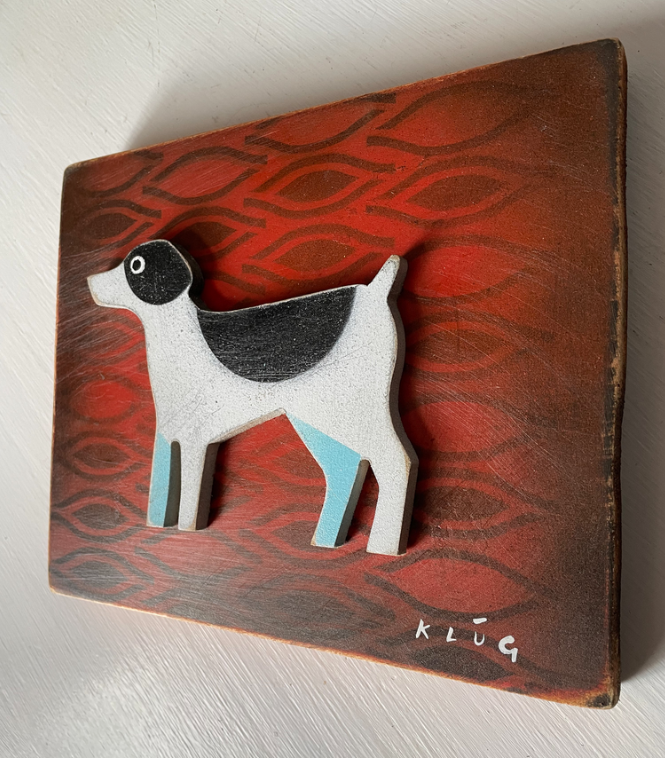 Terrier on red. Wood Cut. — Double Dog Studios