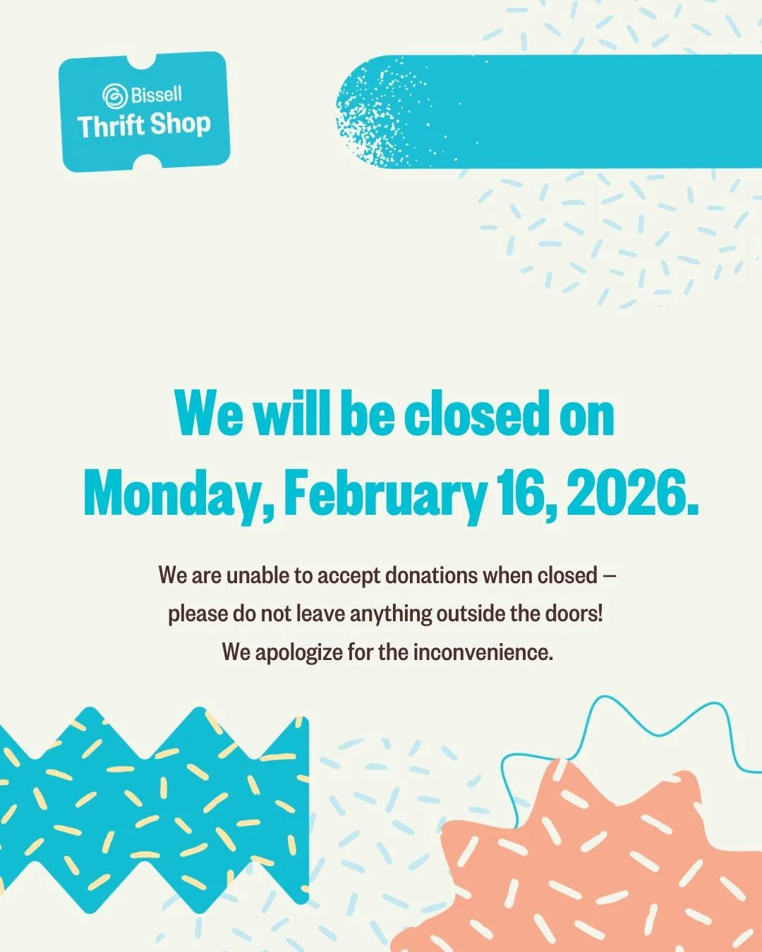 Heads up thrifters! 

We will be closed on Monday, February 16 for Family Day. Please do not leave anything outside the doors when we are closed! We'll be back to regular hours starting Tuesday, February 17! 💙