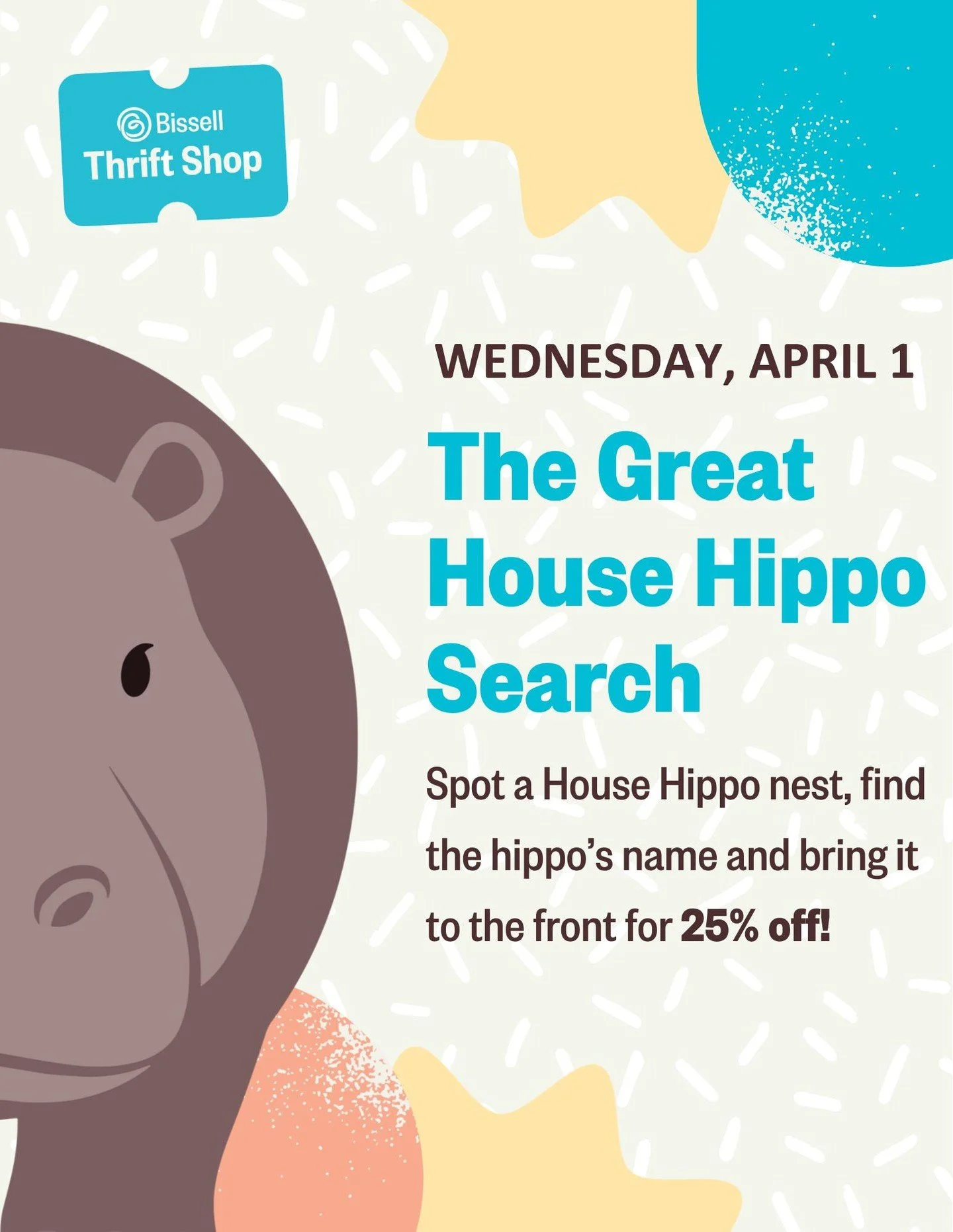 The Great House Hippo Search 🦛💙⠀
⠀
A family of House Hippos has woken from hibernation and tucked themselves into cozy little nests throughout the store!⠀
⠀
📆 Wednesday, April 1st, 2026⠀
🦛 Spot a nest and score 25% off your entire thrift haul!⠀
⠀