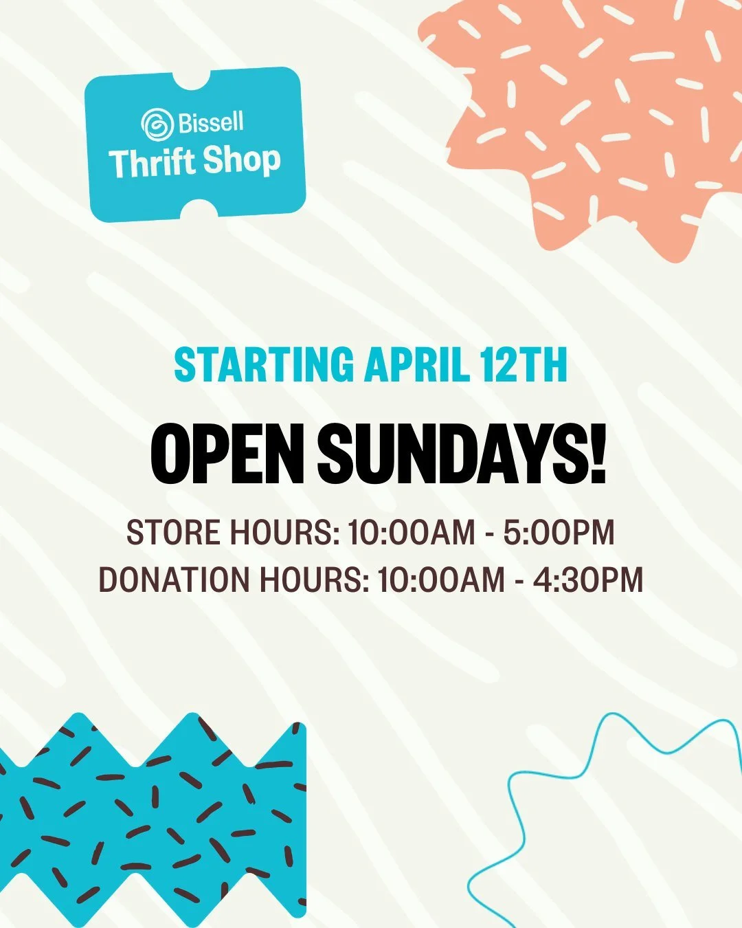 Got items ready to donate? We&rsquo;ve made it even easier. 

Starting Sunday, April 12, we will be accepting donations on Sundays from 10:00 a.m. to 4:30 p.m. 

With the store open 7 days a week, you have more options to drop off your donations when