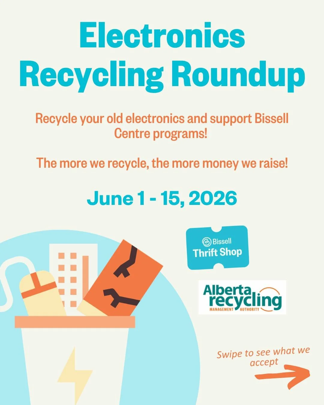Reminder! ♻️ 

That drawer full of mystery chargers? The old Sony camera that dies after 10 minutes? The random cords you swear belong to something? It&rsquo;s time to clear them out! 

Until June 15, bring your old electronics to Bissell Thrift Shop