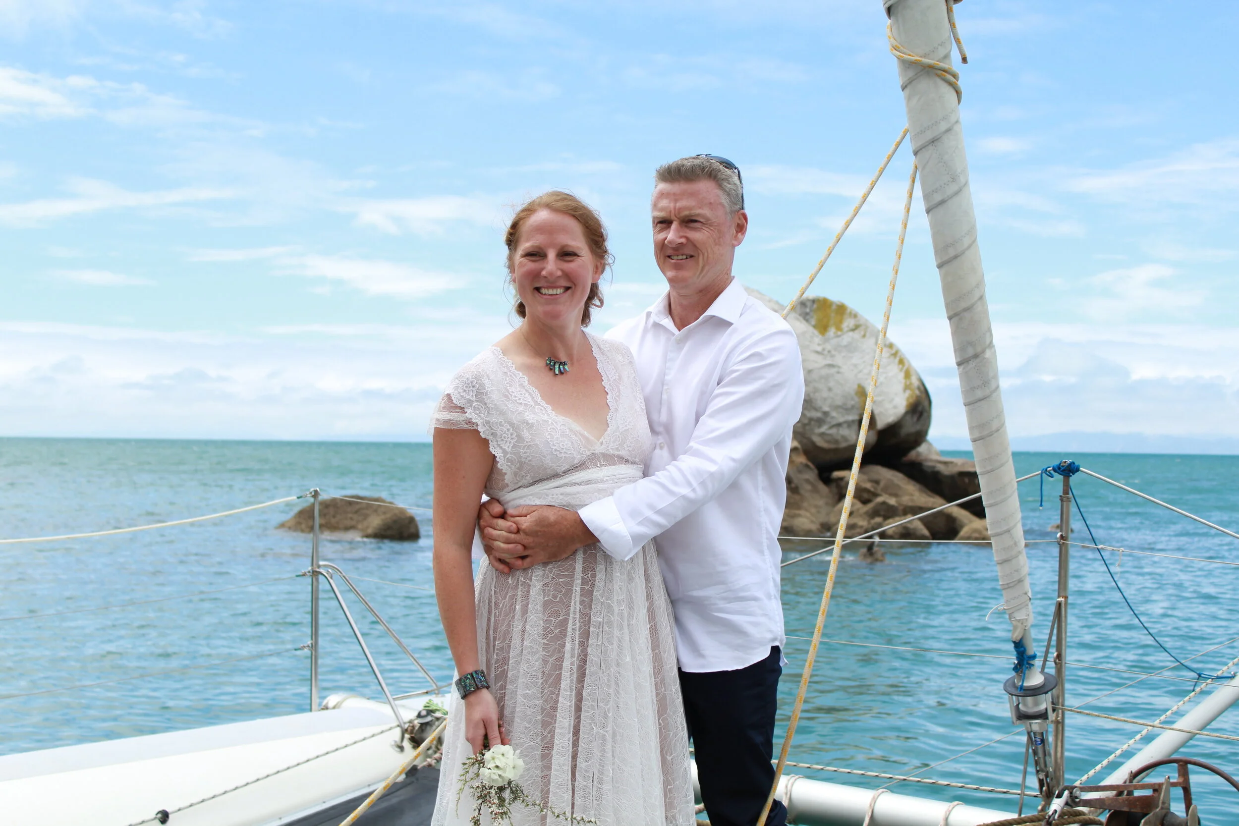 Sailing Wedding in the Abel Tasman with a stop at Split Apple Beach Moonraker House