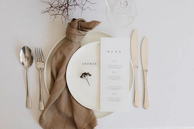 As we enter the lock down here in NZ, let&rsquo;s think of those on the frontline who are working hard to keep us all safe #thankyou. The rest of us have been asked to stay home - look at this time as a blessing, perhaps use it to clear out some cupboards, reorganise the pantry, tidy the garden, watch some netflix, and reconnect with the people in our households. It&rsquo;s been a blessing in disguise for some, being forced to stay put 😂
.
.
This is another from our semi-custom suite. Vellum Placenames + Linen card-stock menus. Feat linen in Tawny from @drape.linen 〰️