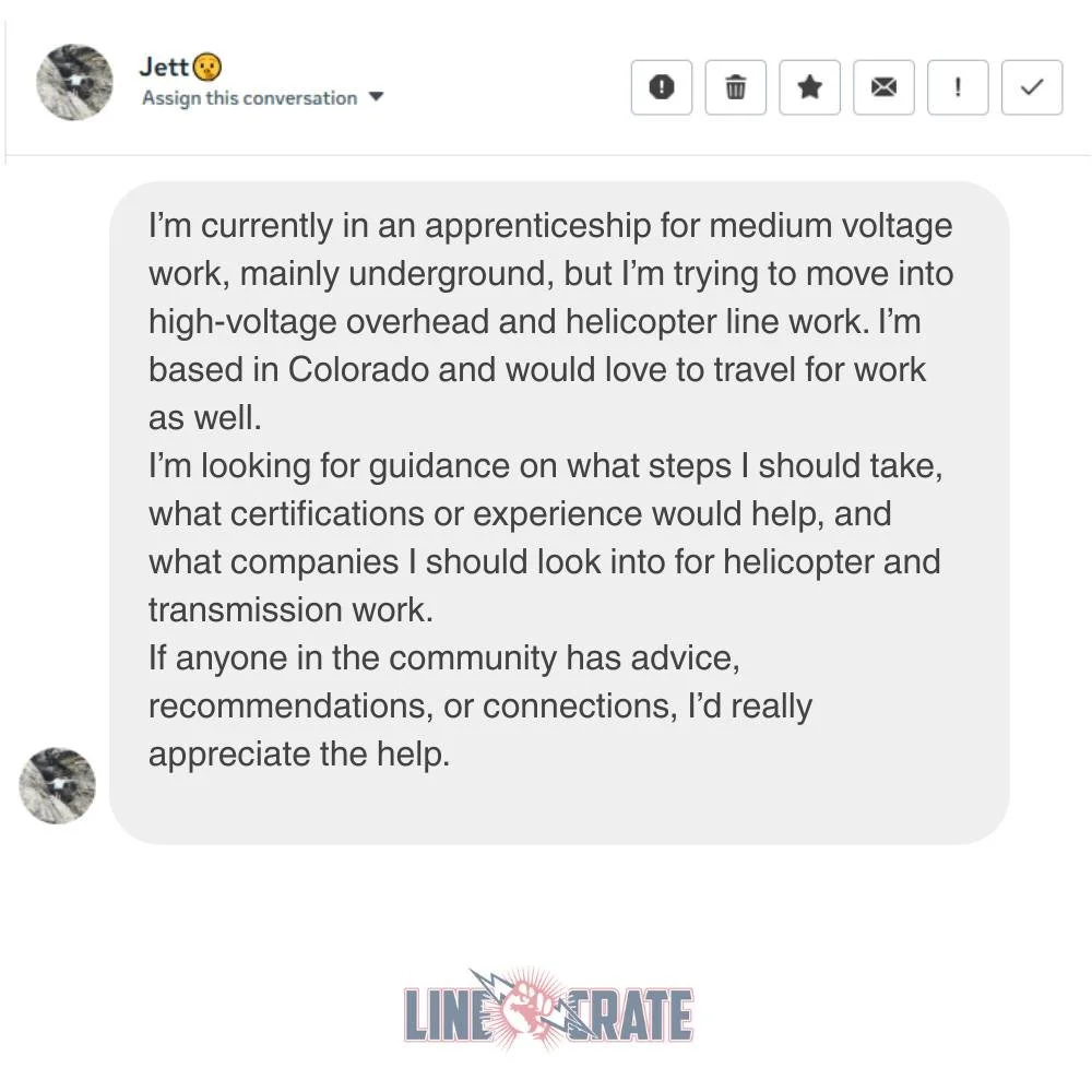 Let&rsquo;s help one of our own ⚡

If you have experience in helicopter or high-voltage transmission work, drop some advice in the comments for this apprentice trying to take the next step in his career.

#LineCrate #Linemen #Lineman #helicopterlinem