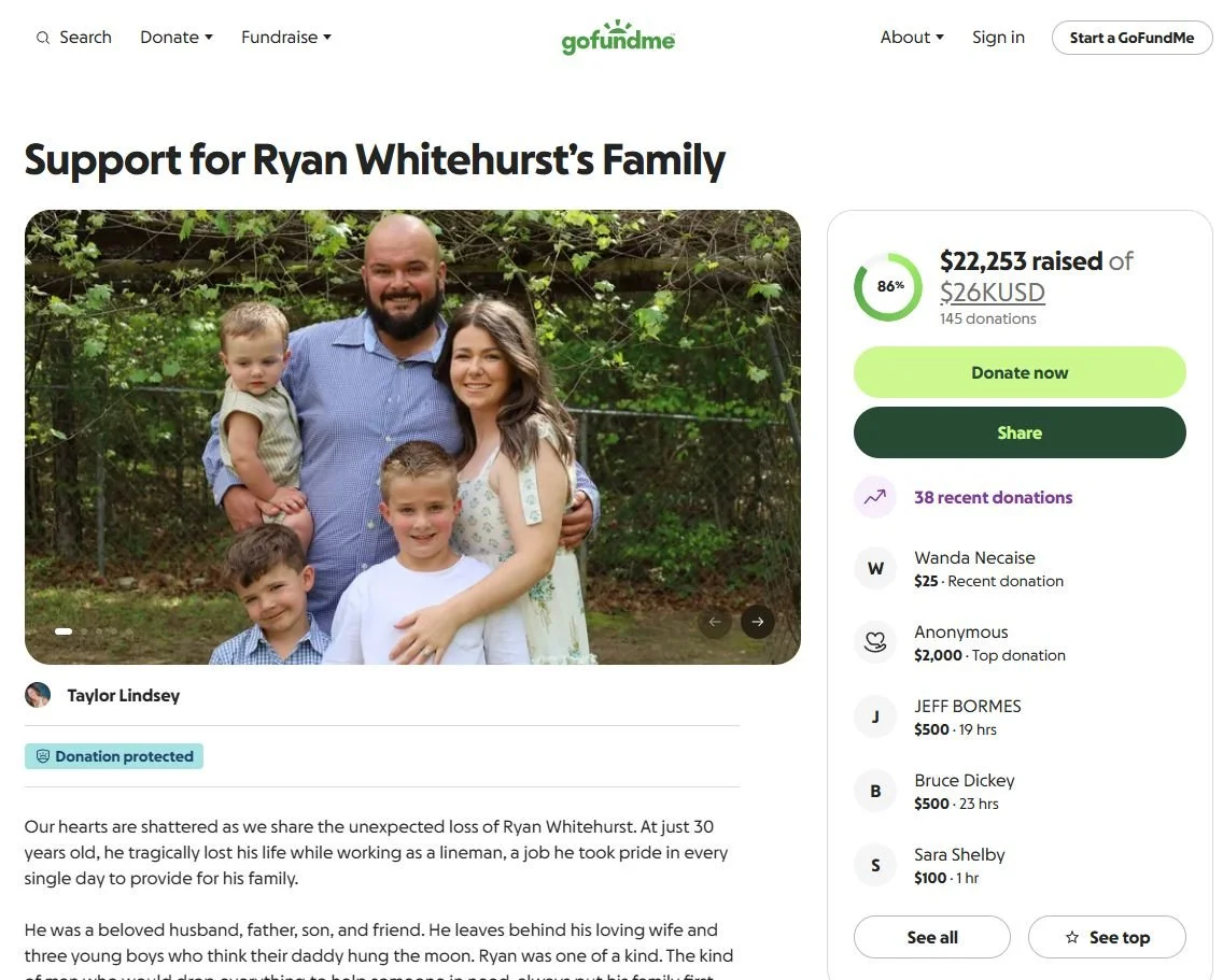 He climbed the poles so his family could have everything. Now it's our turn to show up for them. 🙏🏼
Rest easy, Ryan Whitehurst. Beloved husband, father, and lineman to his core. He leaves behind his wife and three young boys who believe their daddy
