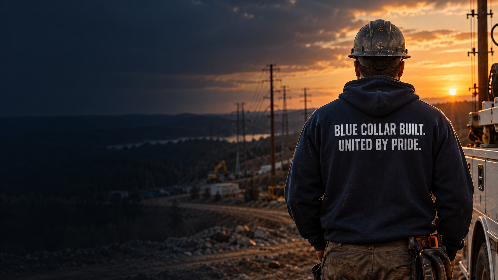 Line worker at a powerline construction site wearing a BLUE COLLAR BUILT. UNITED BY PRIDE. hoodie