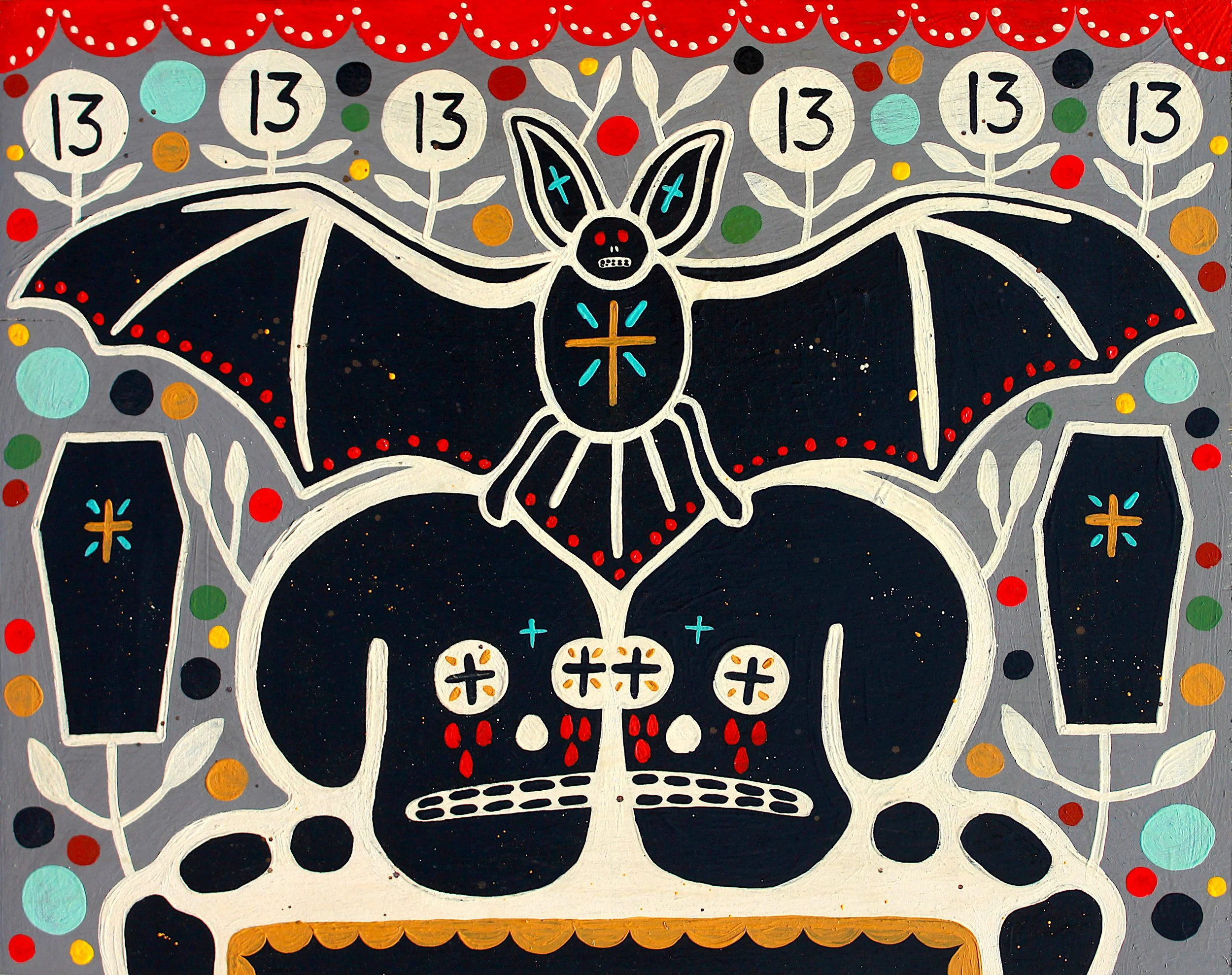  Mike Egan   “The Bat Men”   acrylic on wood  20” x 16”  $1800.   Inquire  