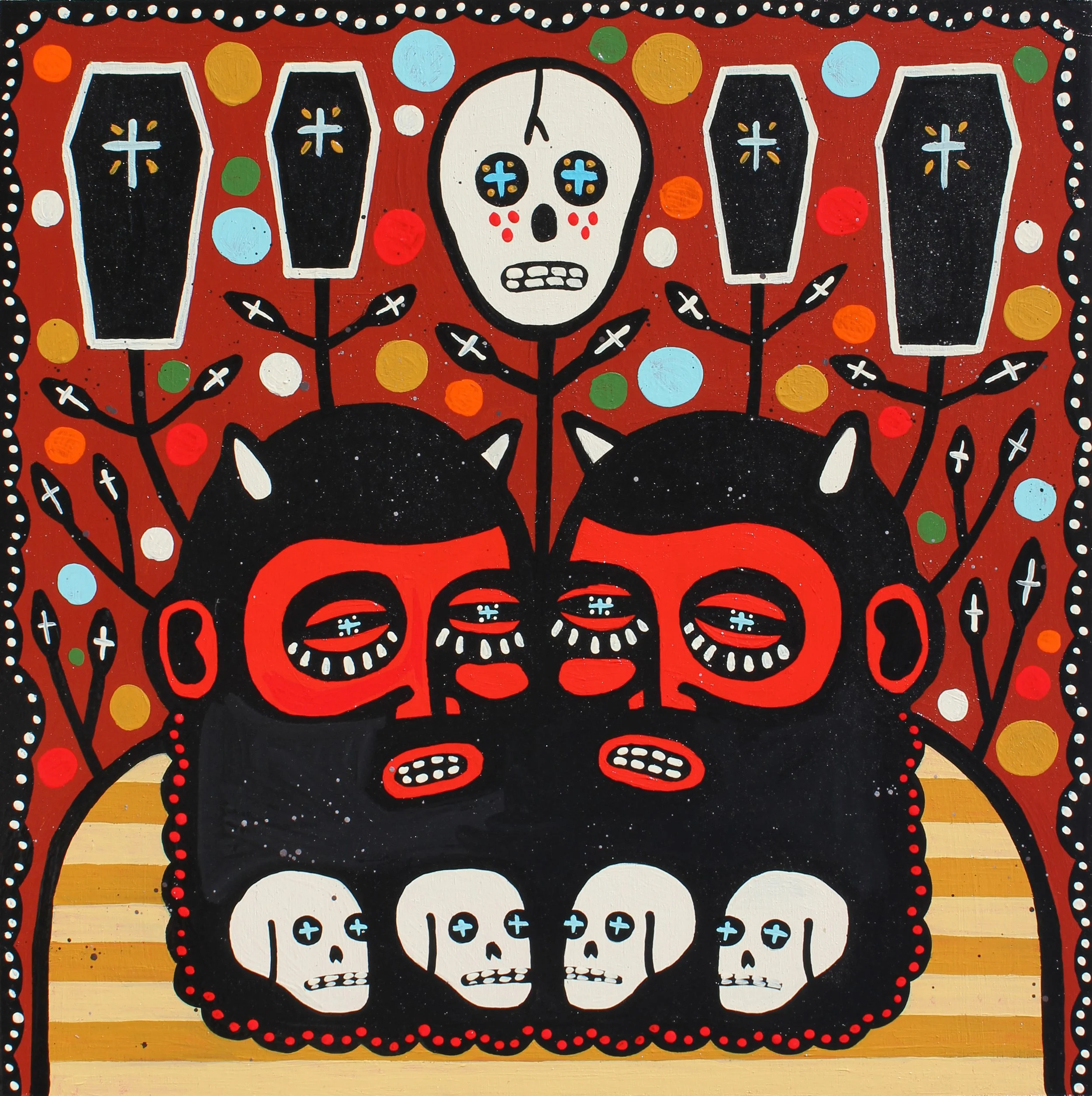  Mike Egan    “This Beard Of Skulls”   acrylic on wood  14” x 14”  $975.   Inquire  