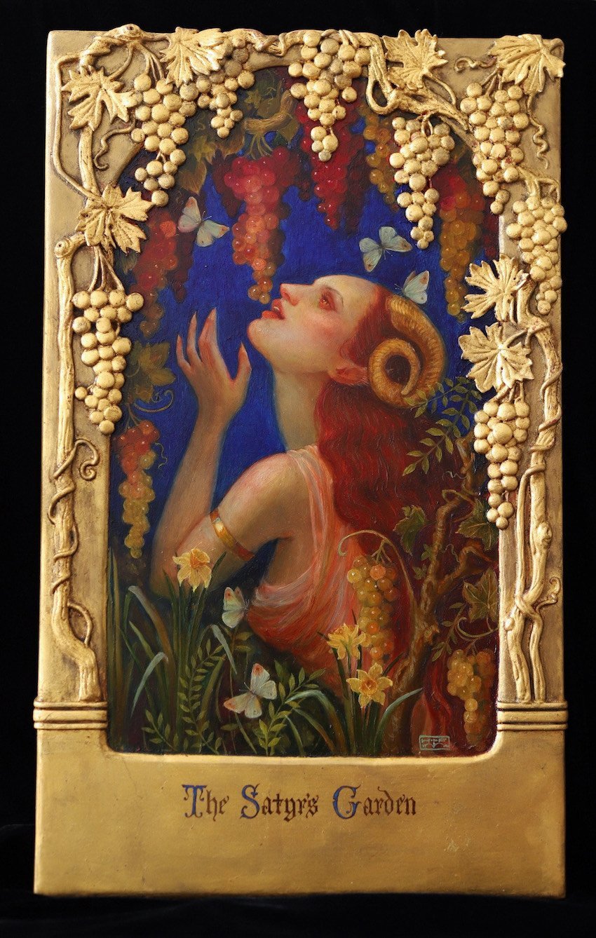  Hannah Flowers    “The Satyr’s Garden”    oil on panel with one of a kind hand-sculpted golden frame (made by Hannah)   approx 11.5” x 18.5” (including frame)   $3200. 