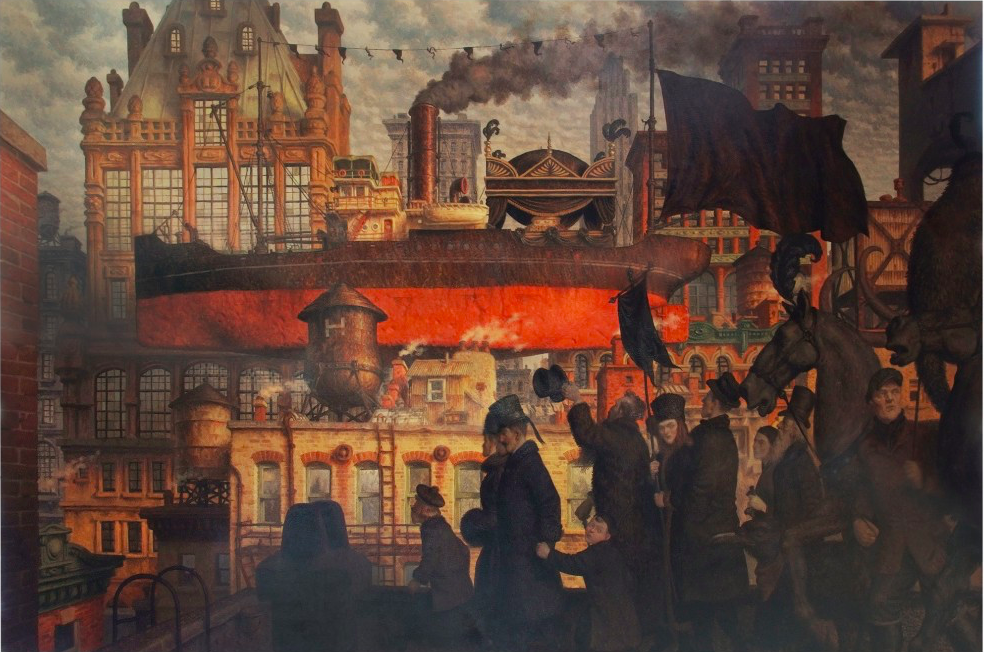 Peter Ferguson Funeral Barge oil on panel Sold