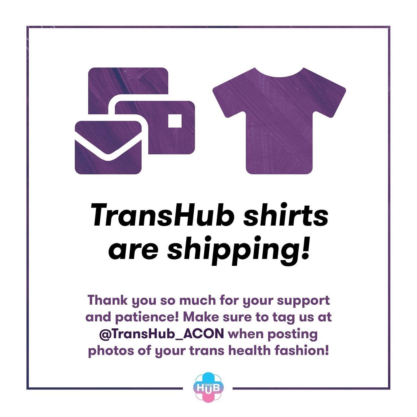 The TransHub shirts are finally shipping! 

We really appreciate your patience in waiting for these to get to your door, but I am so excited to see them out in the world and in your wonderful hands!

You should be getting an email in the next week or two with a shipping update, thanks to the amazing team at @fightingchanceau, and now that that process is underway, you can order a shirt at any time and have it on your doorstep faster than ever!

- The TransHub Team xx

Image description: Purple icons of a stack of mail and a t-shirt are on a white background, surrounded by a purple border. Text reads: TransHub shirts are shipping!Thank you so much for your support and patience! Make sure to tag us at @TransHub_ACON when posting photos of your trans health fashion!
now