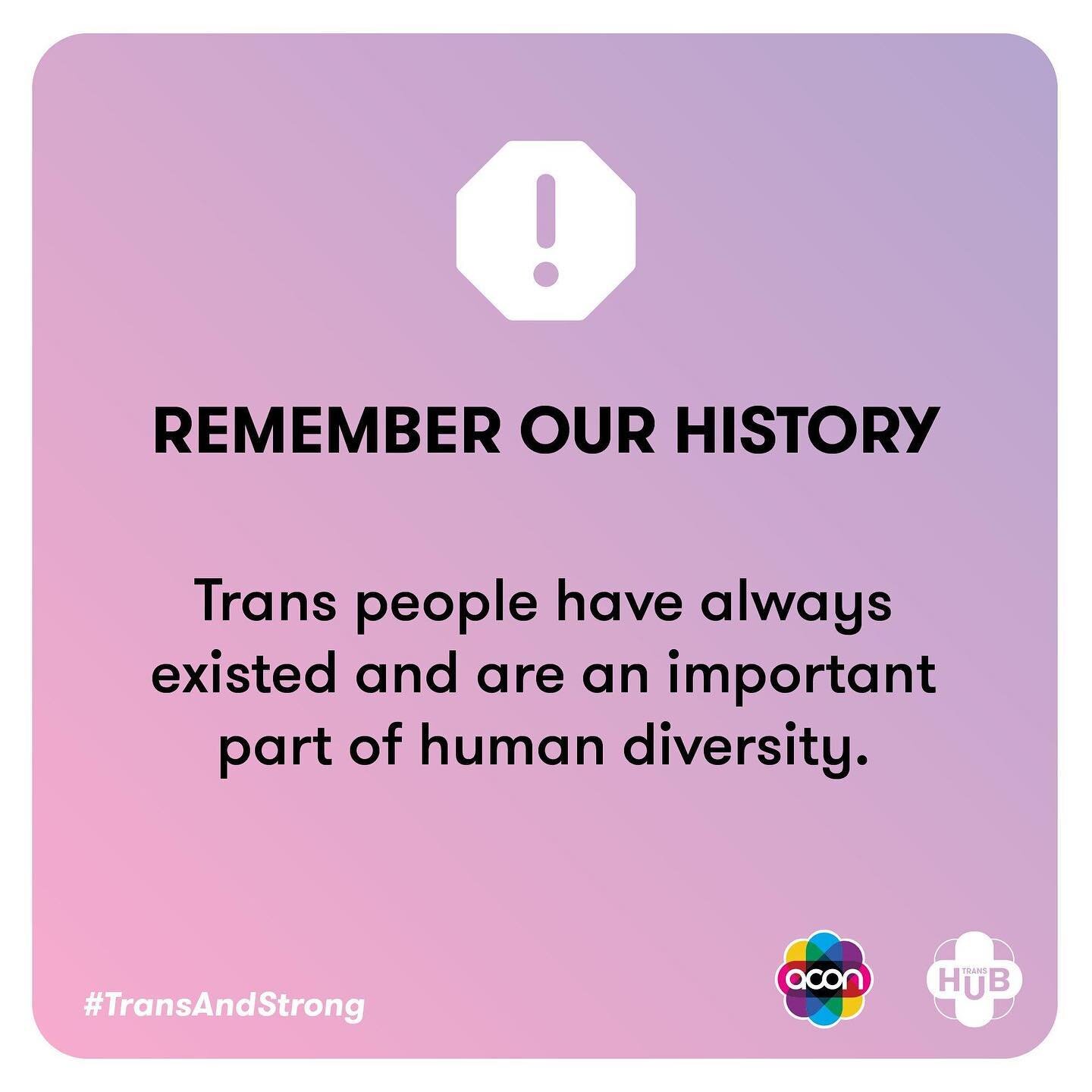 It&rsquo;s a tough time at the moment, but we are a strong and incredible community. Remember, who you are is not up for debate. Your gender is valid and beautiful. You are loved. If you need some support, visit the crisis page of TransHub (the TransHub URL with a slash and then the word crisis after) for links to services. 

When TransHub says trans, we mean anyone (binary and/or non-binary) whose gender is different to what was presumed for them at birth. If you think you are trans, or want to be trans, you can be! 

Image Descriotion: 
Slide 1. A purple background with an icon of a stop sign at the top and ACON and TransHub logos at the bottom. Text reads: Remember our history. Trans people have always existed and are an important part of human diversity. The #TransAndStrong hashtag is on the bottom. 
Slide 2. A pink background with an icon of a plant growing out of a brain at the top and ACON and TransHub logos at the bottom. Text reads: Self care. It&rsquo;s a good idea to make su