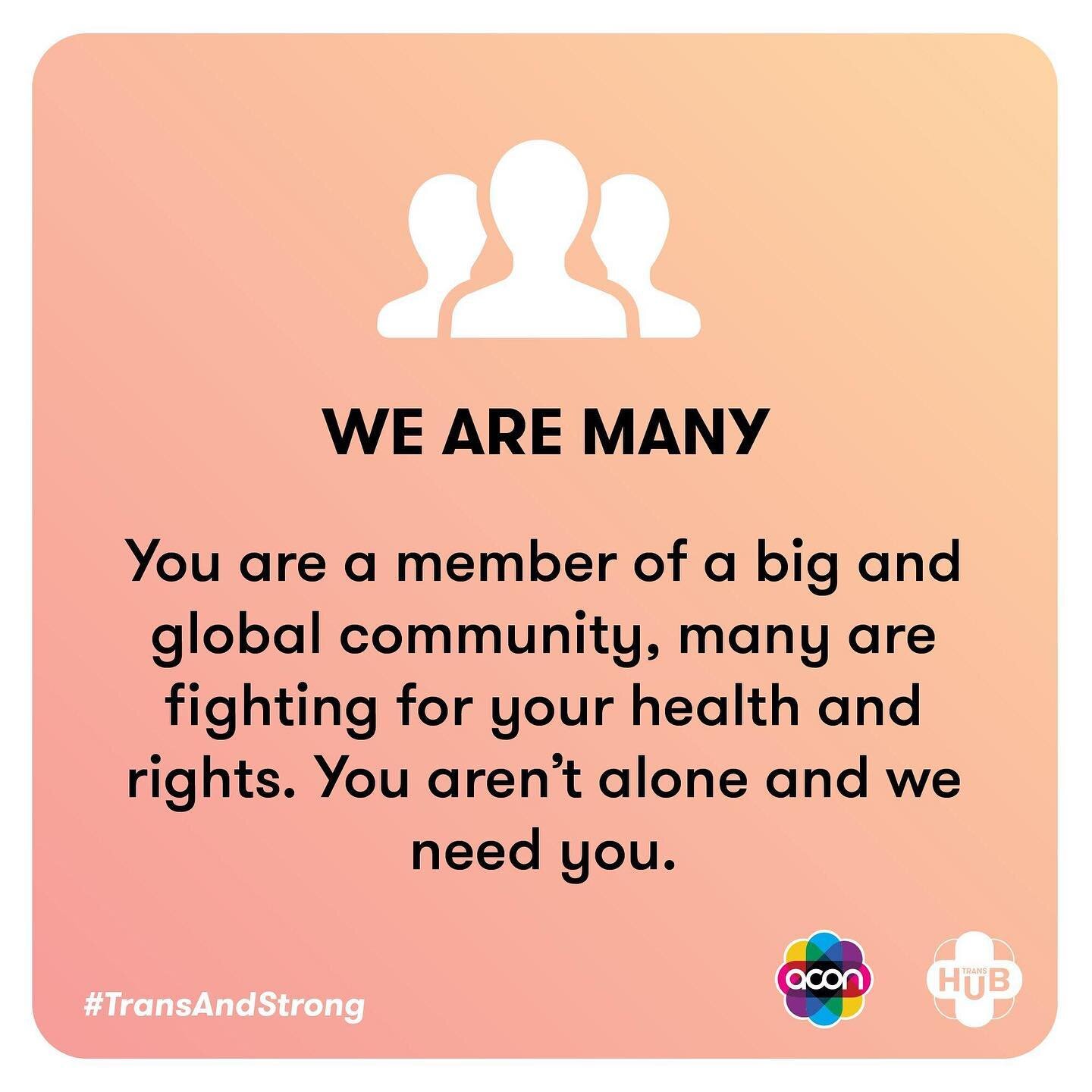 It&rsquo;s a tough time at the moment, but we are a strong and incredible community. Remember, who you are is not up for debate. Your gender is valid and beautiful. You are loved. If you need some support, visit the crisis page of TransHub (the TransHub URL with a slash and then the word crisis after) for links to services. 

 

When TransHub says trans, we mean anyone (binary and/or non-binary) whose gender is different to what was presumed for them at birth. If you think you are trans, or want to be trans, you can be! 

 

Image Description: 
Slide 1: An orange background with an icon of three people standing together at the top and ACON and TransHub logos at the bottom. Text reads: We are many . You are a member of a big and global community, many are fighting for your health and rights. You aren&rsquo;t alone and we need you. The #TransAndStrong hashtag is on the bottom. 
Slide 2: A blue background with an icon of an on button at the top and ACON and TransHub logos at the bottom. T