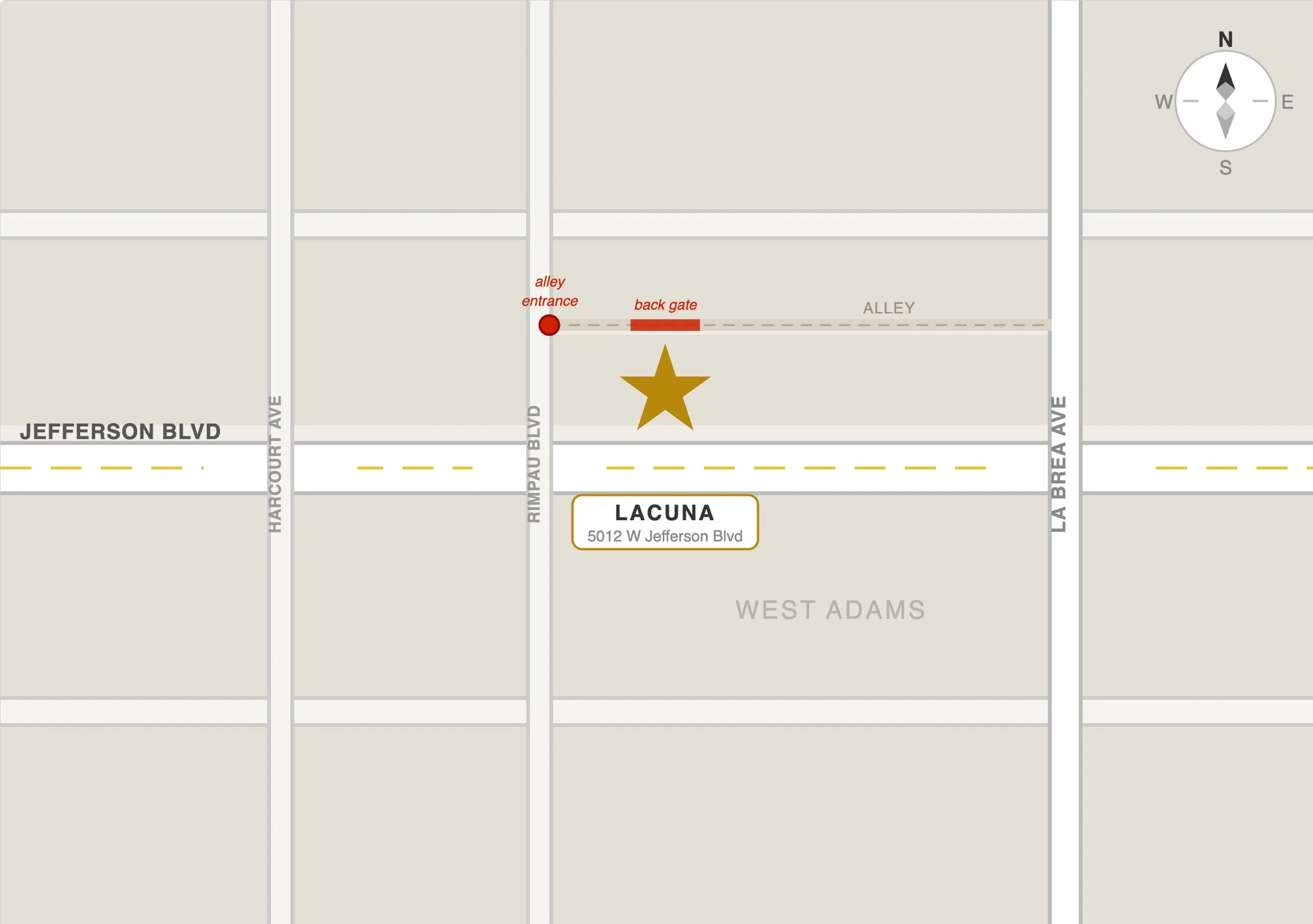 Map showing the location of Lacuna at 5012 W Jefferson Blvd, with an alley entrance marked by a red dot, a back gate, and streets including Jefferson Blvd, Hartcourt Ave, Rimco Blvd, La Brea Ave, and La Brea Blvd.