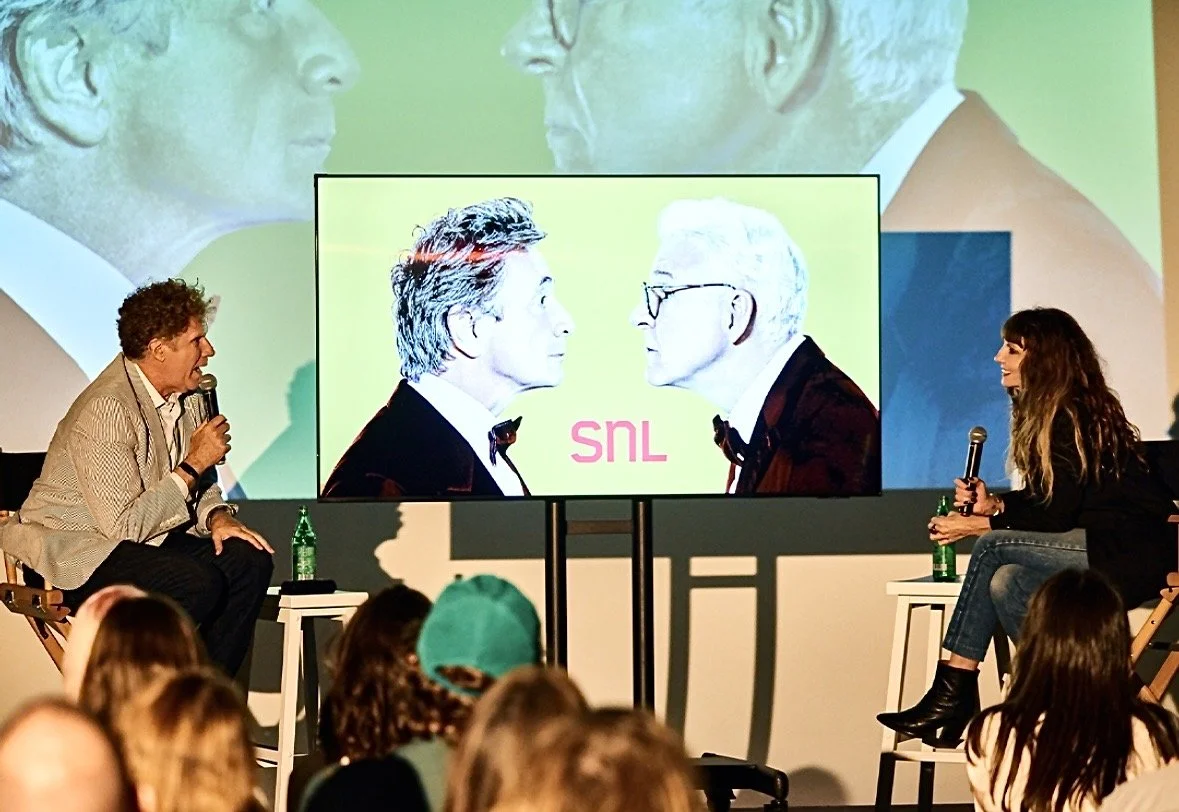 Will Ferrell interviewing photographer Mary Ellen Matthews at her book launch event at Smashbox Studios in Culver City Los Angeles