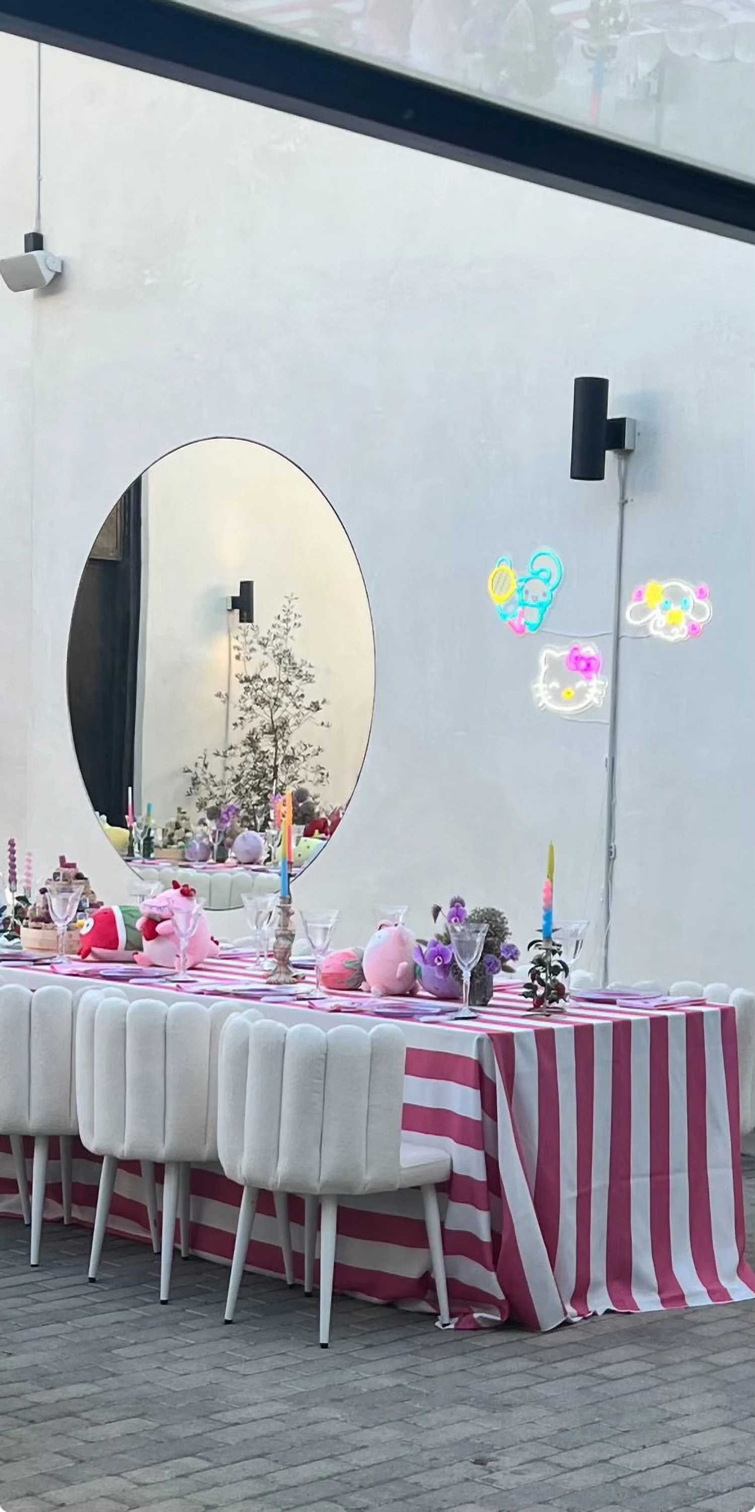 Lacuna outdoor long table dinner pink striped event West Adams Los Angeles