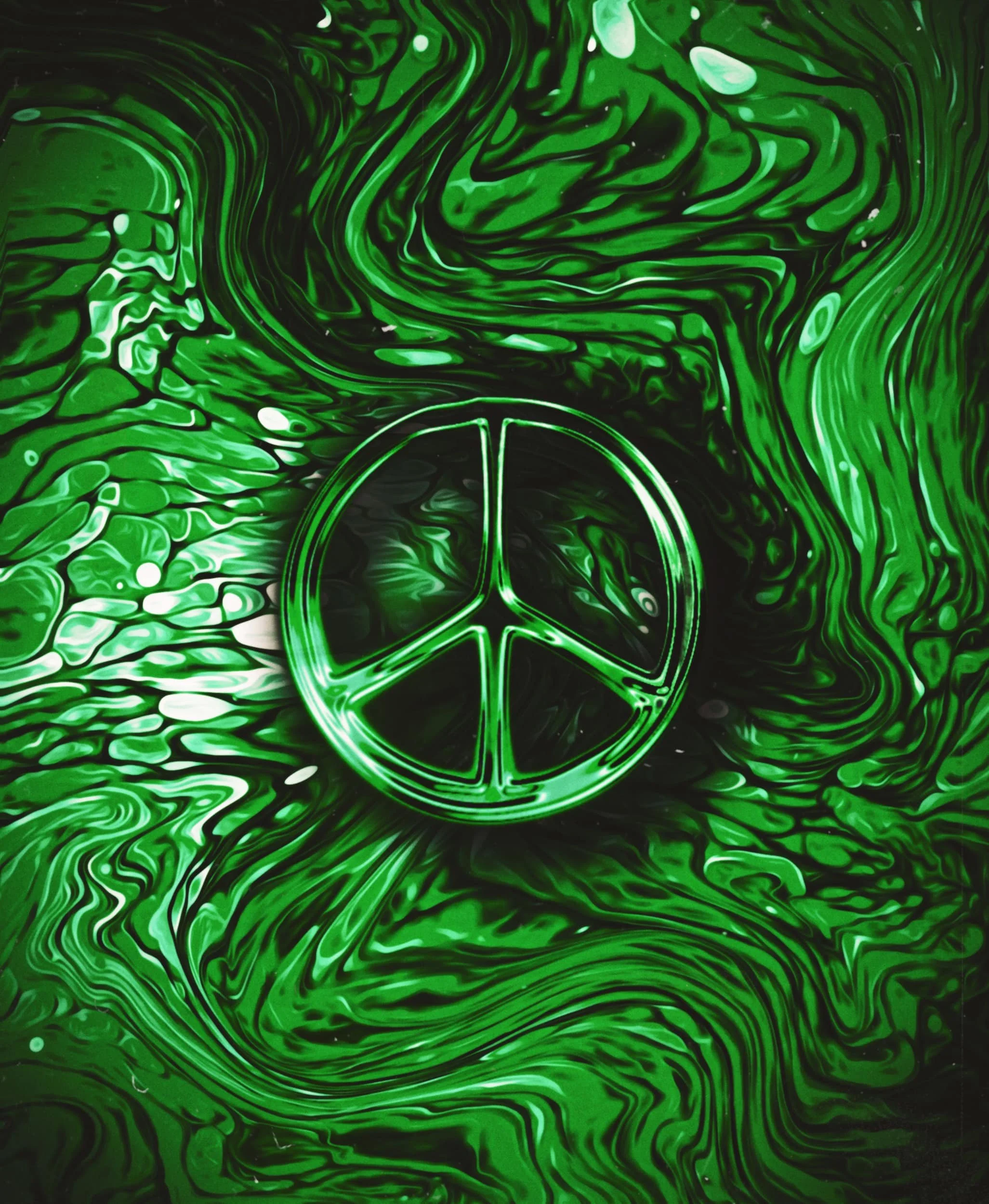 Green-toned psychedelic fluid art collage with swirling marbled textures, glowing peace symbol, and warm vintage atmosphere