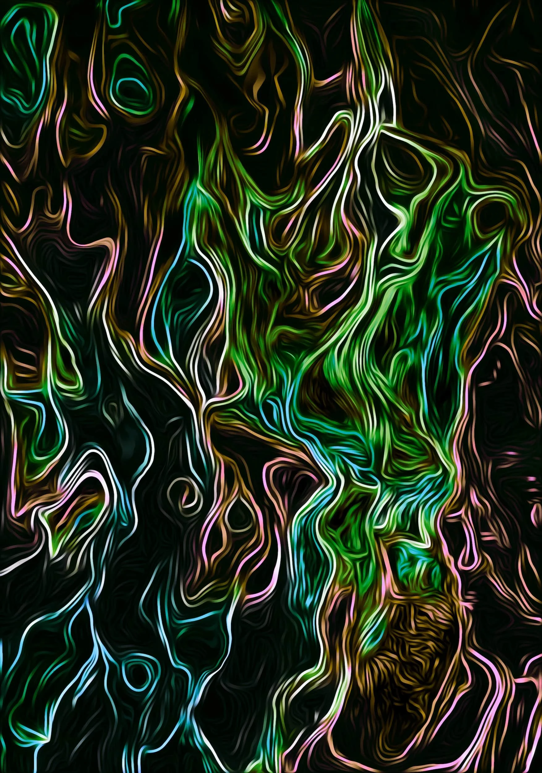 Colorful psychedelic abstract artwork with glowing fluid shapes, tangled neon textures, and electric movement