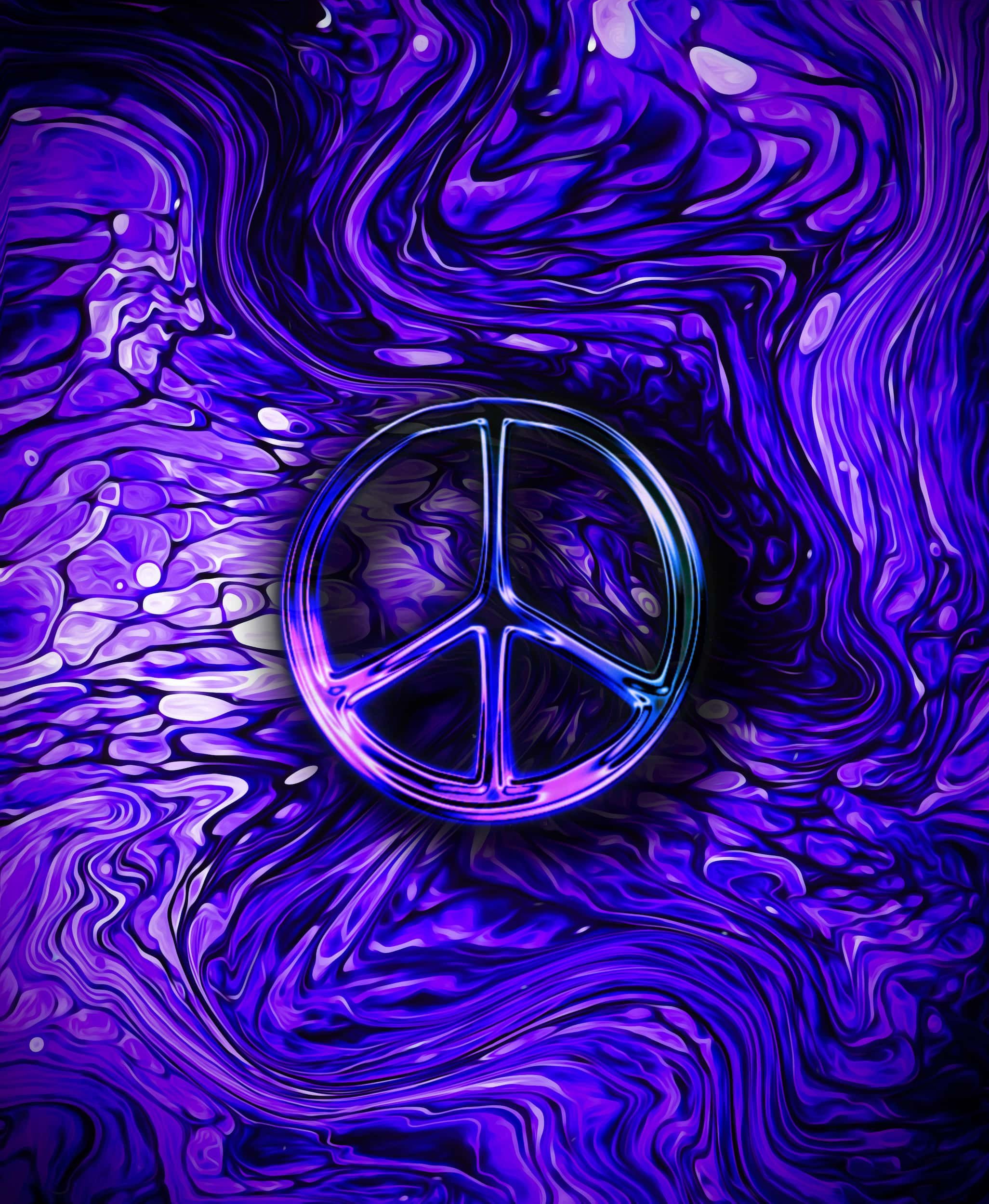 Purple-toned psychedelic fluid art collage with swirling marbled textures, glowing peace symbol, and warm vintage atmosphere