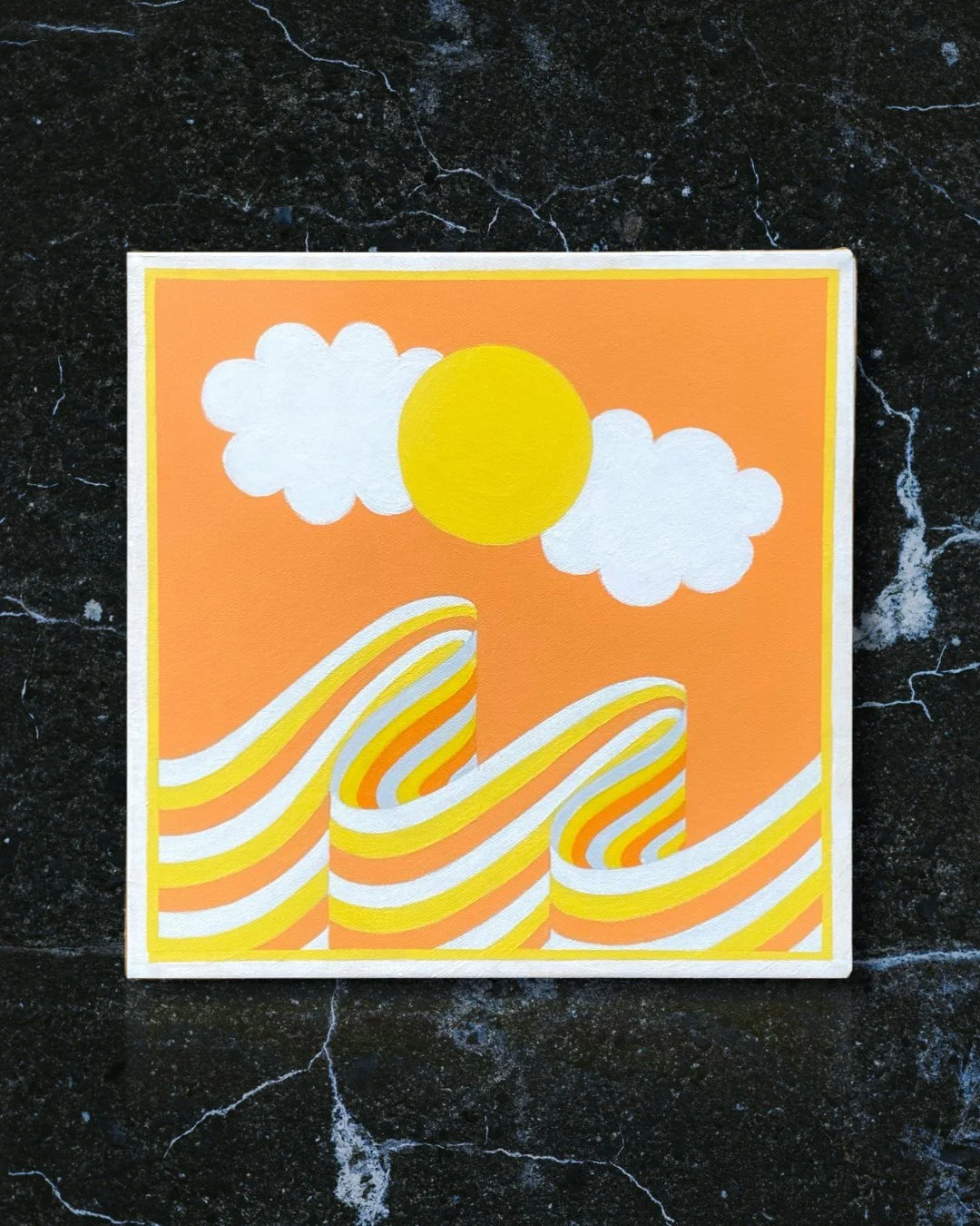  Playful acrylic painting with retro wave patterns, sunshine motifs, pastel orange skies, and uplifting inspired movement 