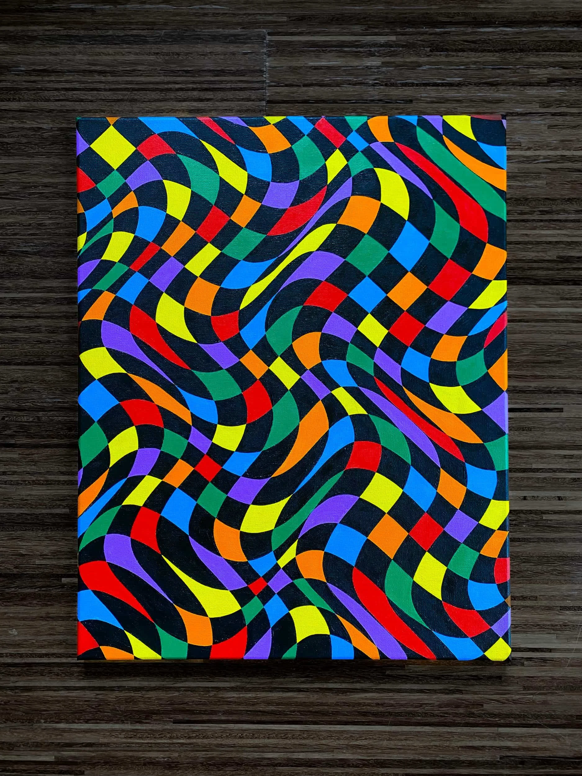  Colorful hard-edge acrylic painting with warped rainbow checkerboard patterns, flowing geometric movement, and bold psychedelic contrast on canvas 