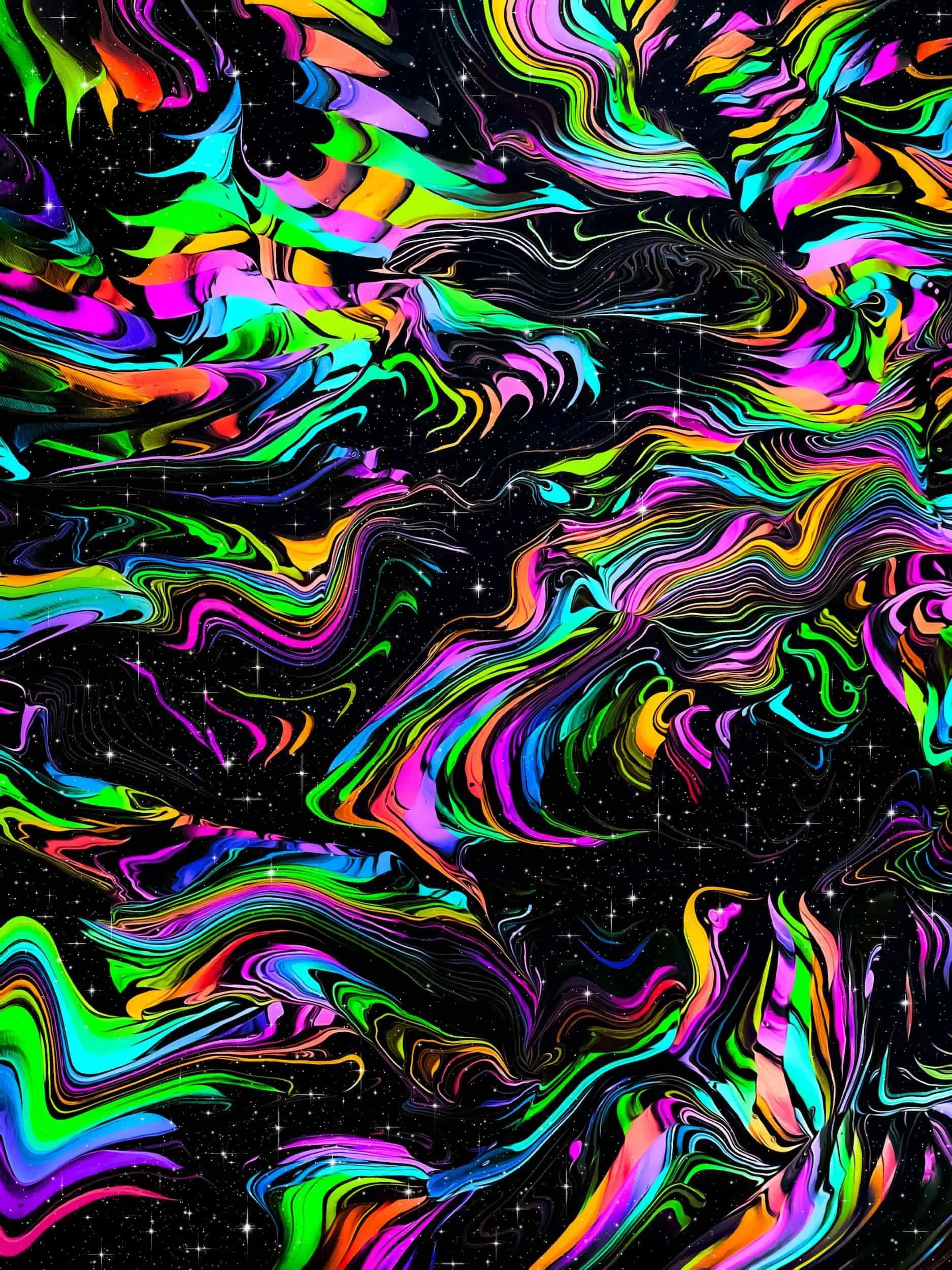  Psychedelic neon fluid art digital artwork with swirling rainbow ribbons, black negative space, and vibrant maximalist movement 
