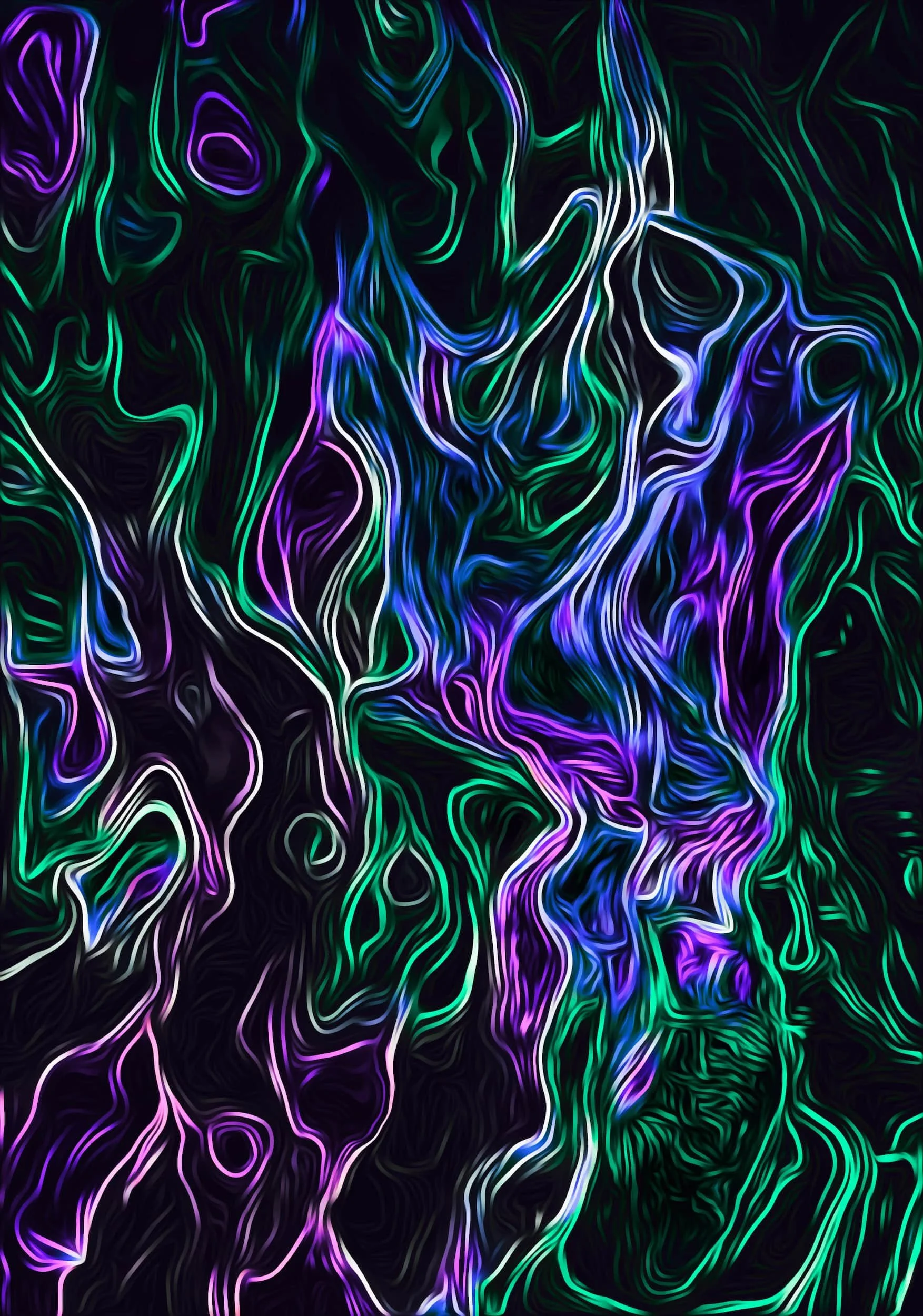 Colorful psychedelic abstract artwork with glowing fluid shapes, tangled neon textures, and electric movement
