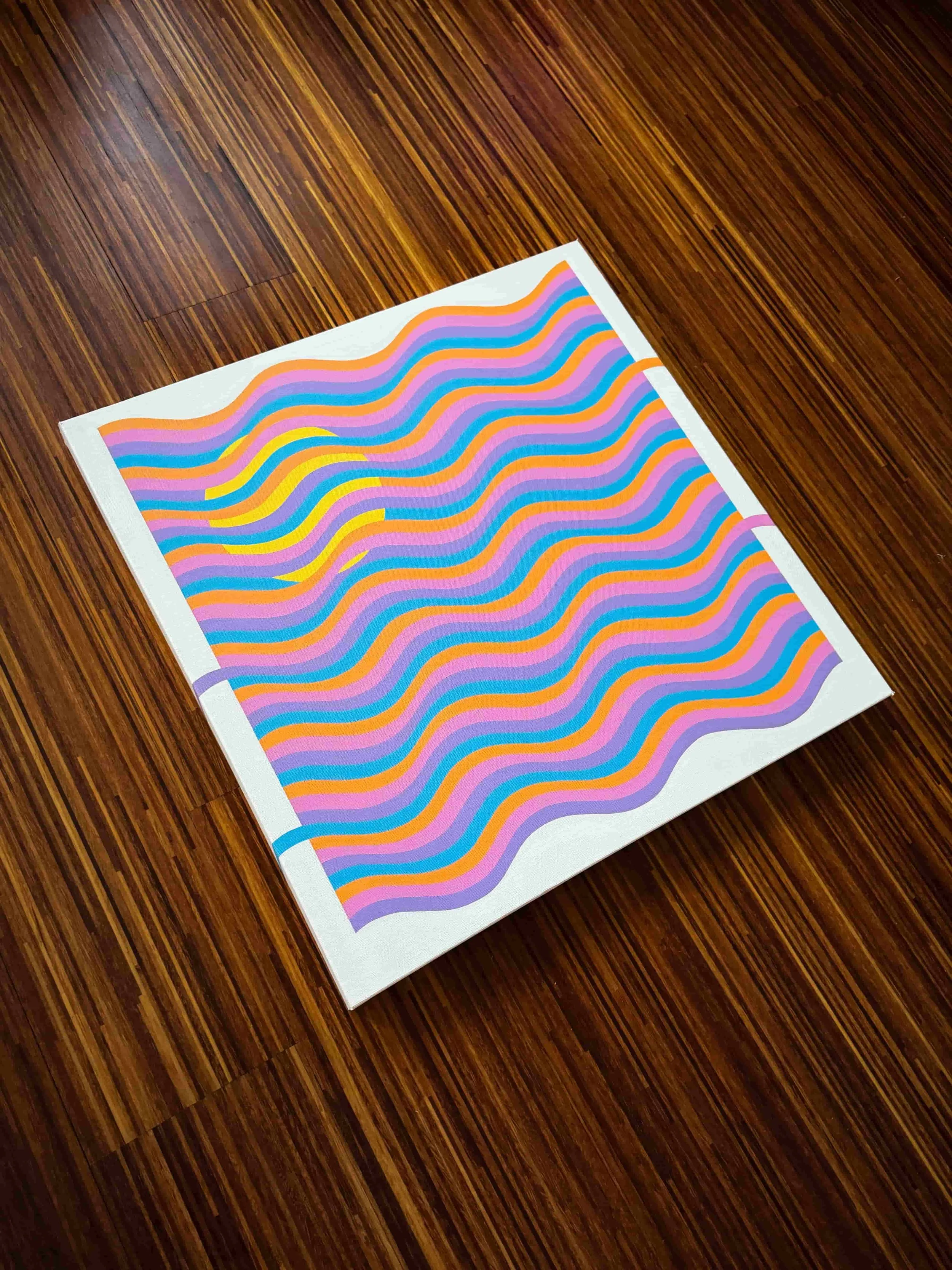 Bright wave-pattern acrylic painting with flowing rainbow lines, retro-inspired curves, and cheerful sun-soaked abstract aesthetics