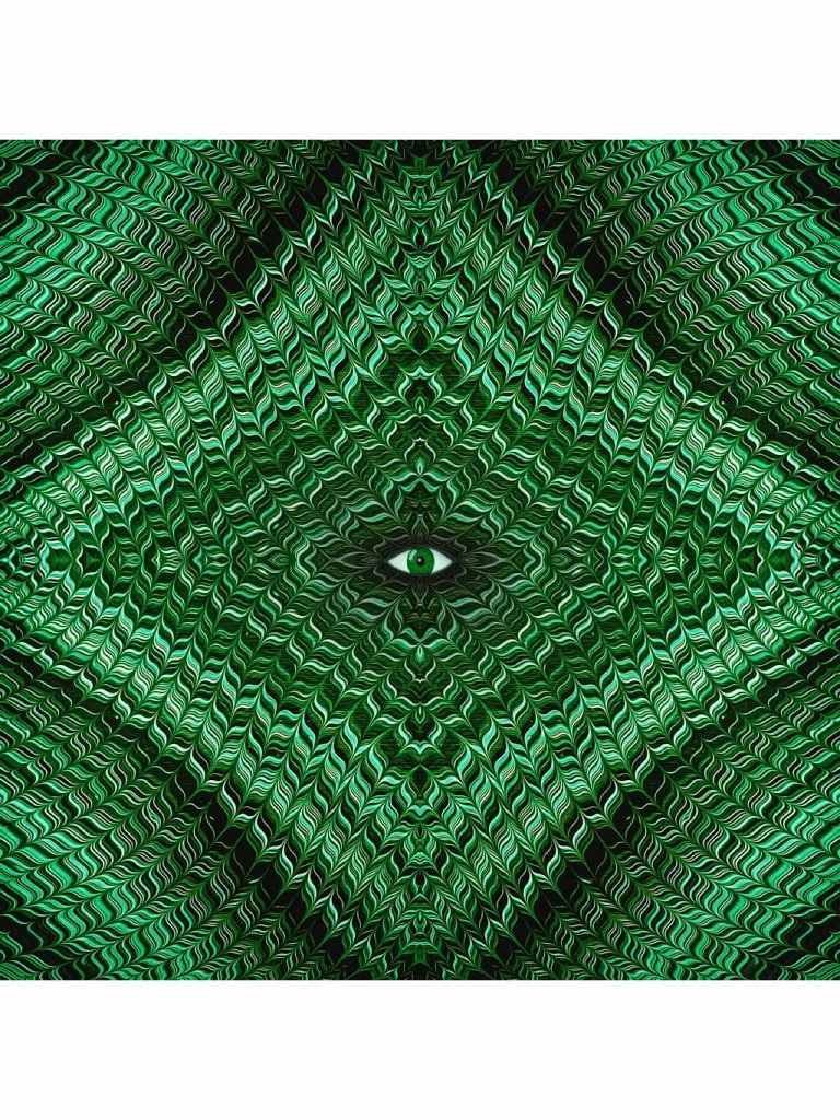 Green psychedelic eye artwork with layered symmetrical textures, hypnotic geometric repetition, and surreal visionary atmosphere