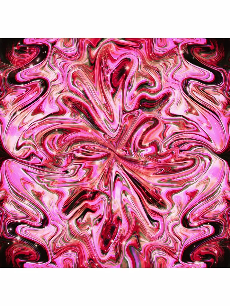 Pink and red abstract artwork with mirrored marbling textures, swirling psychedelic motion, and luminous cosmic color gradients