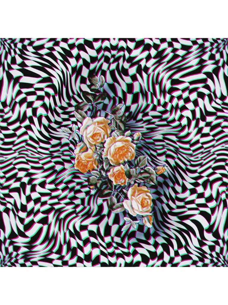 Black and white psychedelic floral collage artwork with roses, warped checkerboard patterns, and hypnotic optical illusion movement