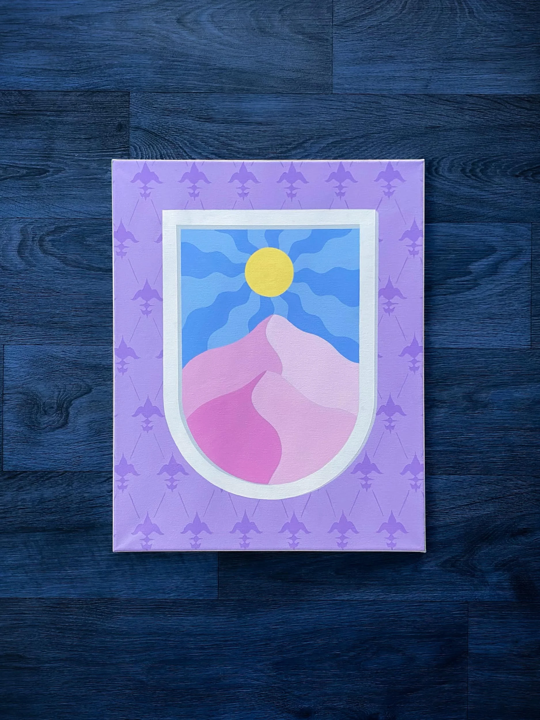 Pastel geometric acrylic painting featuring pink mountains, a bright sun, and minimalist surreal landscape aesthetics in soft lavender tones
