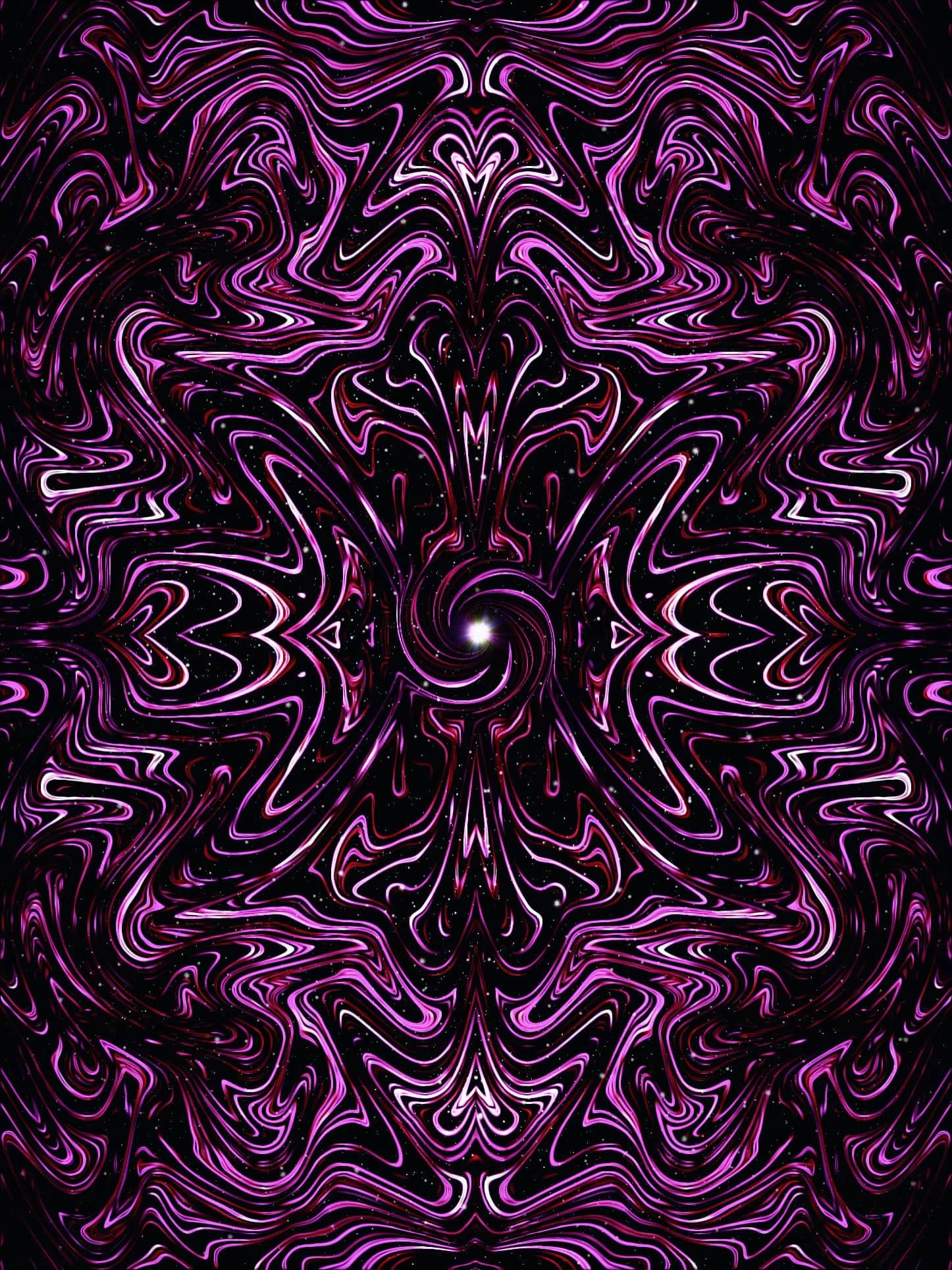 Symmetrical pink and black psychedelic mandala artwork with fluid wave patterns, glowing central orb, and kaleidoscopic movement