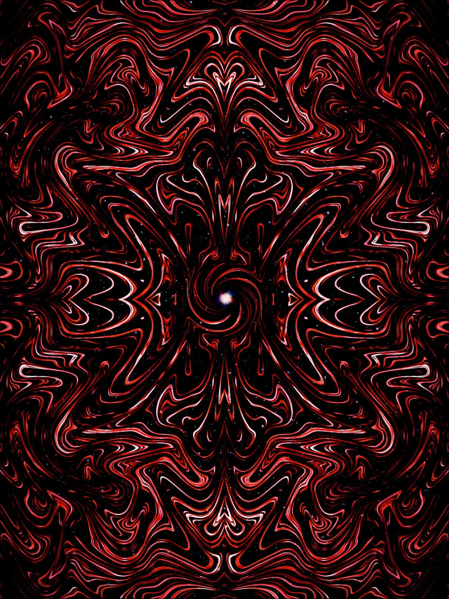 Symmetrical red and black psychedelic mandala artwork with fluid wave patterns, glowing central orb, and kaleidoscopic movement