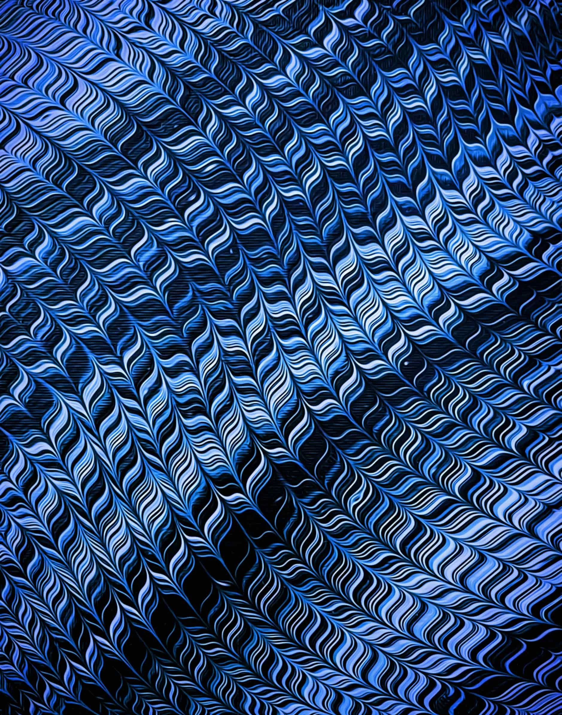 Blue abstract fluid artwork with feathered wave textures, rhythmic movement, and earthy psychedelic pattern repetition