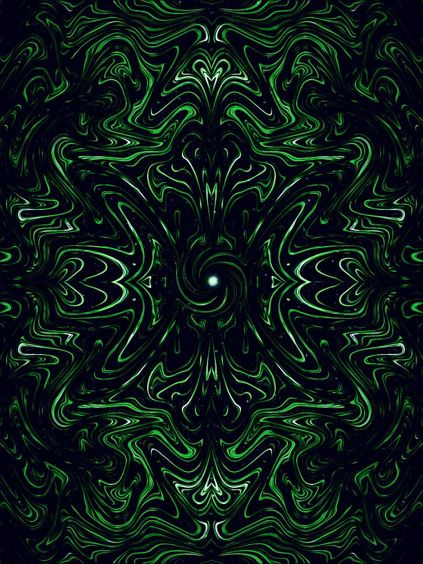 Symmetrical green and black psychedelic mandala artwork with fluid wave patterns, glowing central orb, and kaleidoscopic movement