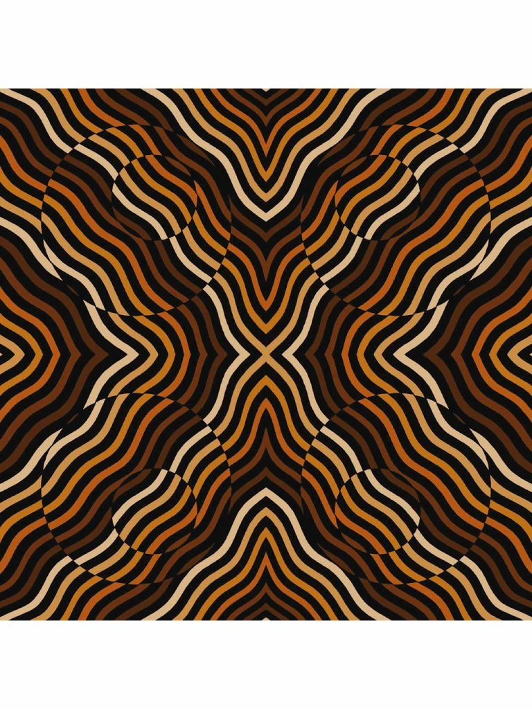 Brown and black optical illusion artwork with warped striped patterns, curved geometric forms, and hypnotic psychedelic movement