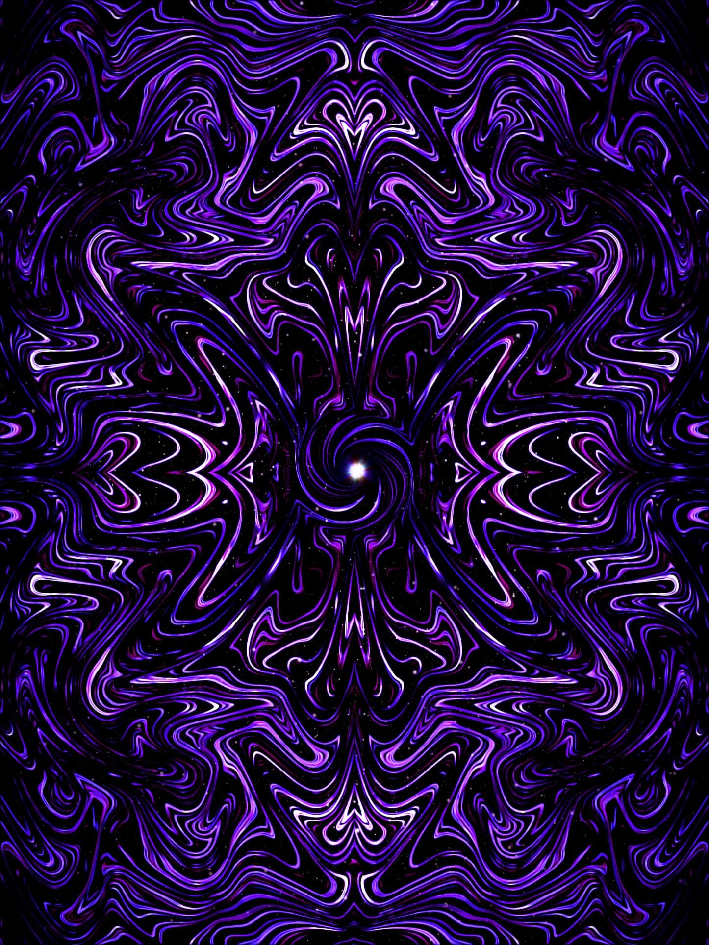 Symmetrical purple and black psychedelic mandala artwork with fluid wave patterns, glowing central orb, and kaleidoscopic movement