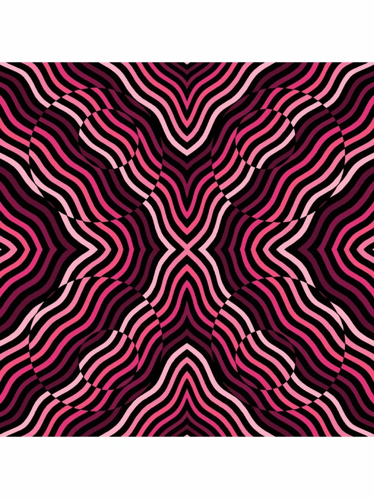 Pink and black optical illusion artwork with warped striped patterns, curved geometric forms, and hypnotic psychedelic movement