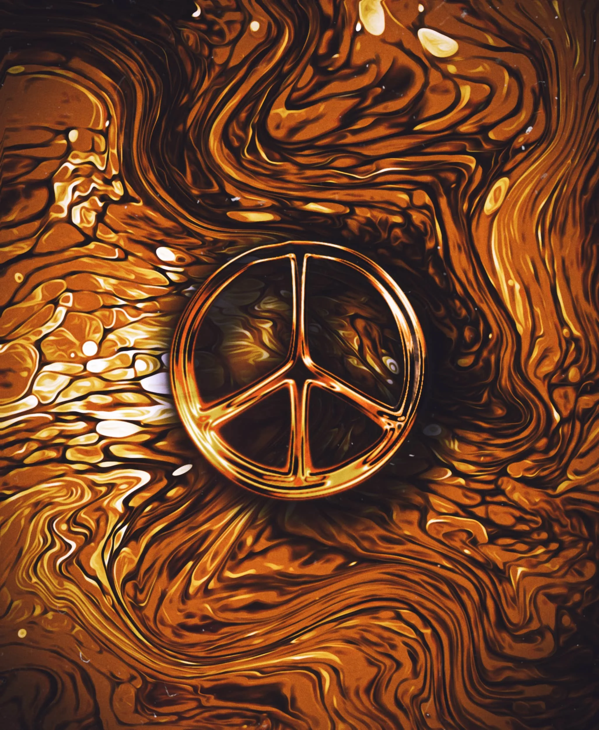 Amber-toned psychedelic fluid art collage with swirling marbled textures, glowing peace symbol, and warm vintage atmosphere