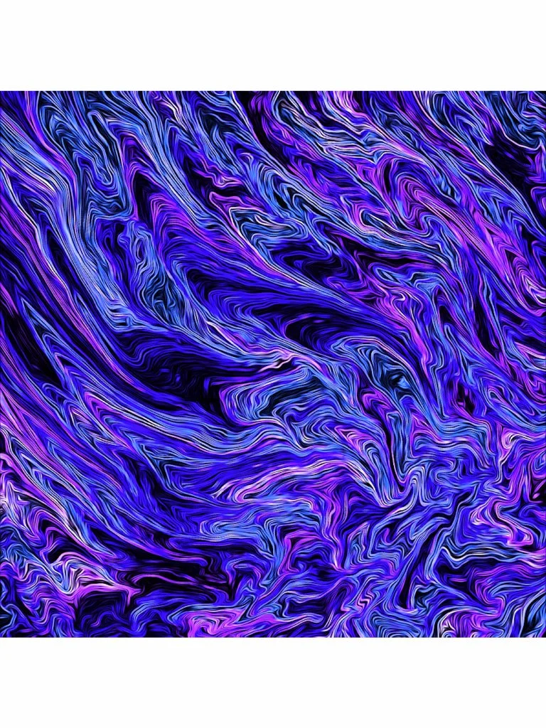 Blue ad purple abstract fluid artwork with dense swirling textures, fiery movement, and vibrant psychedelic layering