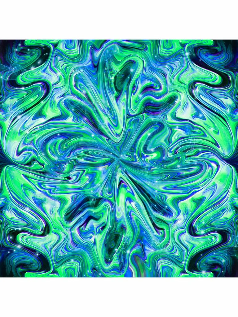 Blue and green abstract artwork with mirrored marbling textures, swirling psychedelic motion, and luminous cosmic color gradients