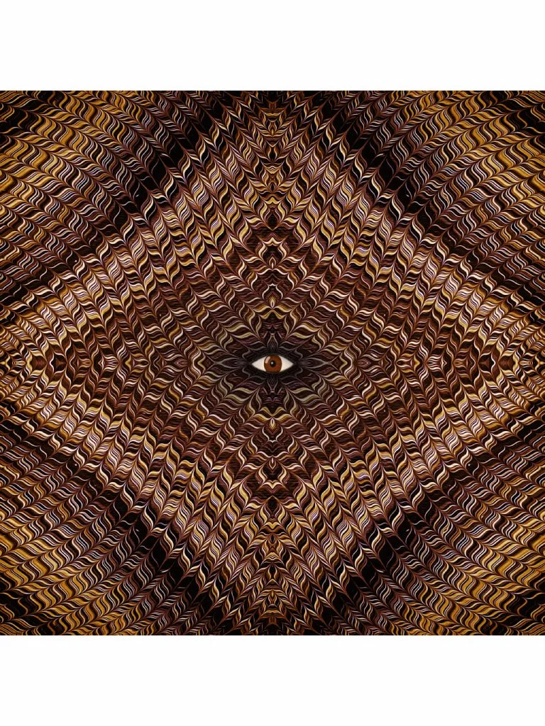 Brown psychedelic eye artwork with layered symmetrical textures, hypnotic geometric repetition, and surreal visionary atmosphere
