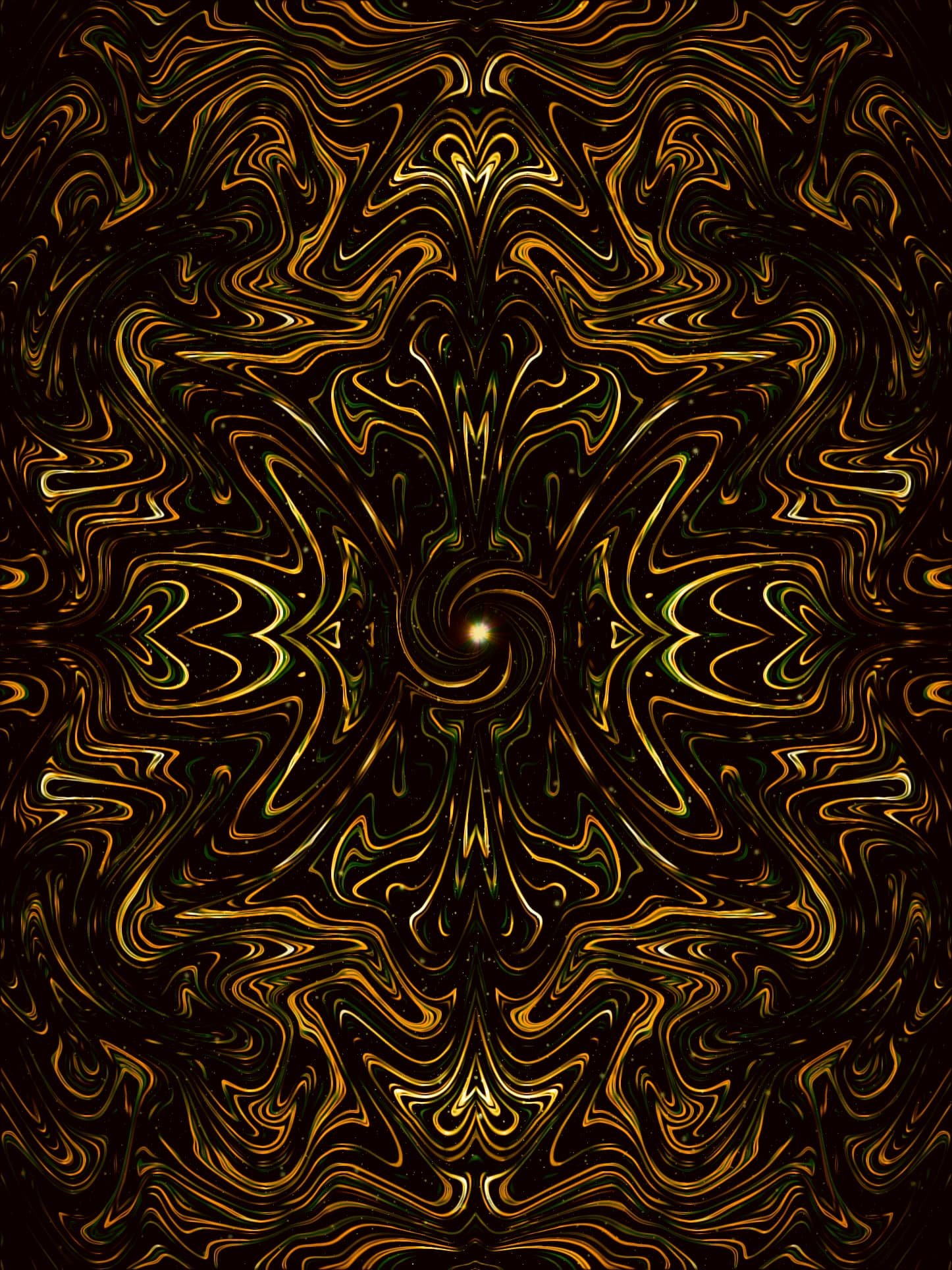 Symmetrical yellow and black psychedelic mandala artwork with fluid wave patterns, glowing central orb, and kaleidoscopic movement