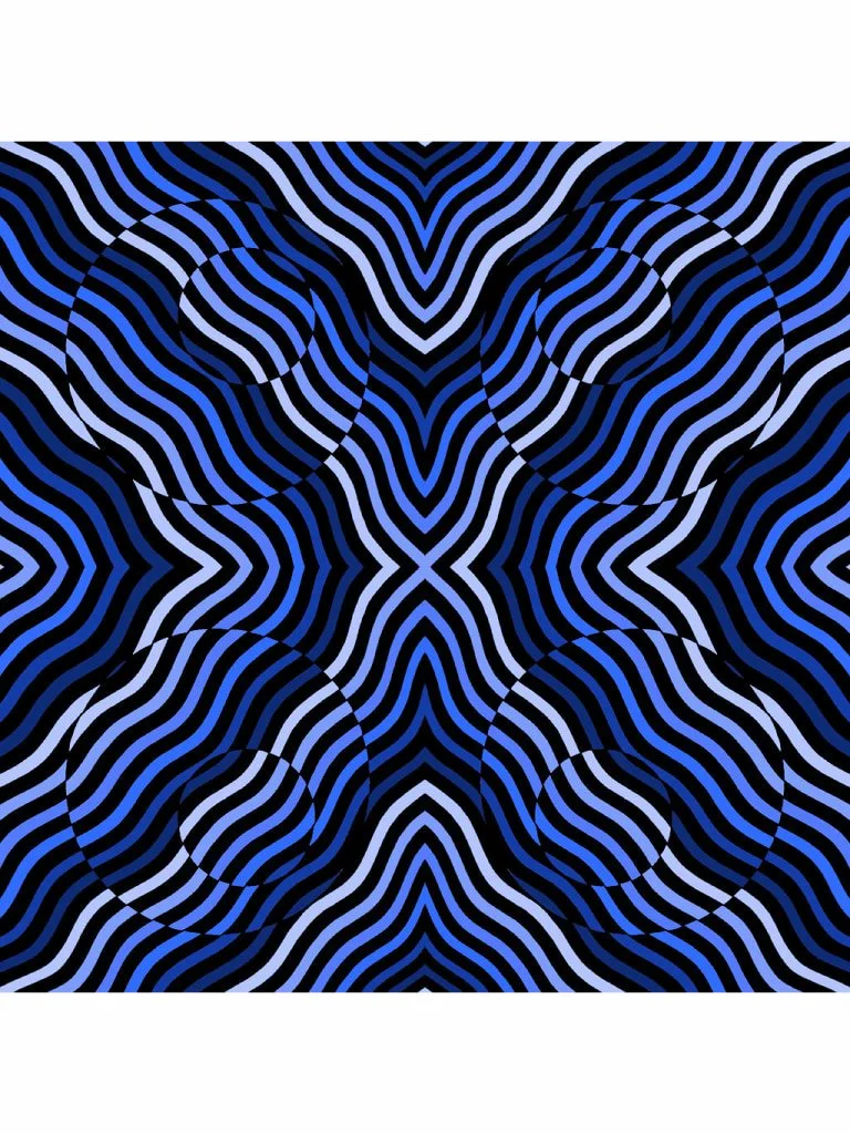 Blue and black optical illusion artwork with warped striped patterns, curved geometric forms, and hypnotic psychedelic movement