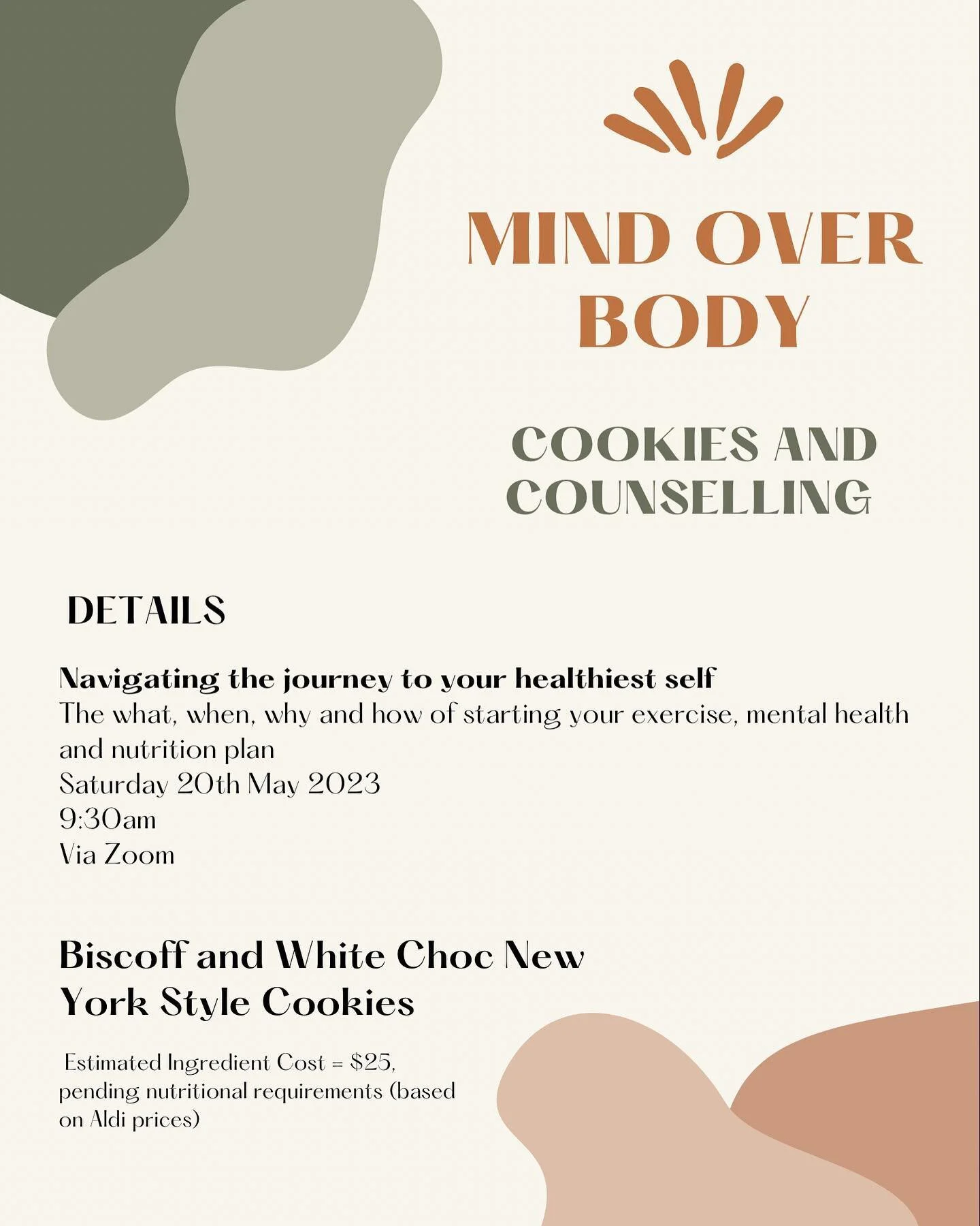 COOKIES AND COUNSELLING 🧡🍪💭⁣⁣
⁣⁣
We are back with another C+C event! Saturday 20th May 2023!⁣⁣
⁣⁣
Many of us have had the experience of overwhelm when navigating our health journey. There is so much information and advice in the world about how to